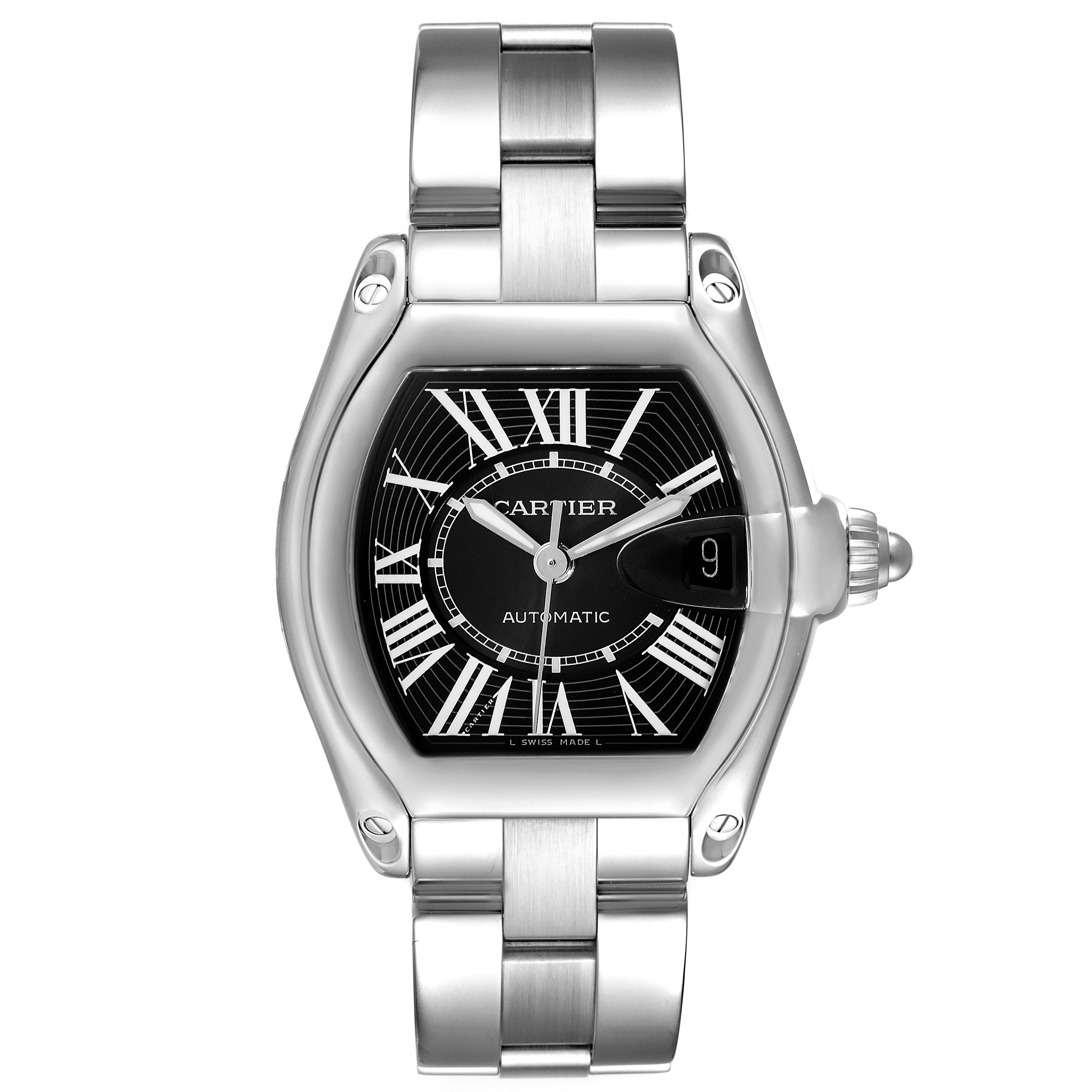 The image shows a Cartier Roadster W62041V3 Men
s Stainless Steel Black Dial W62041V3 Men
s Stainless Steel Black Dial watch from the front, featuring its face, bracelet, and crown.