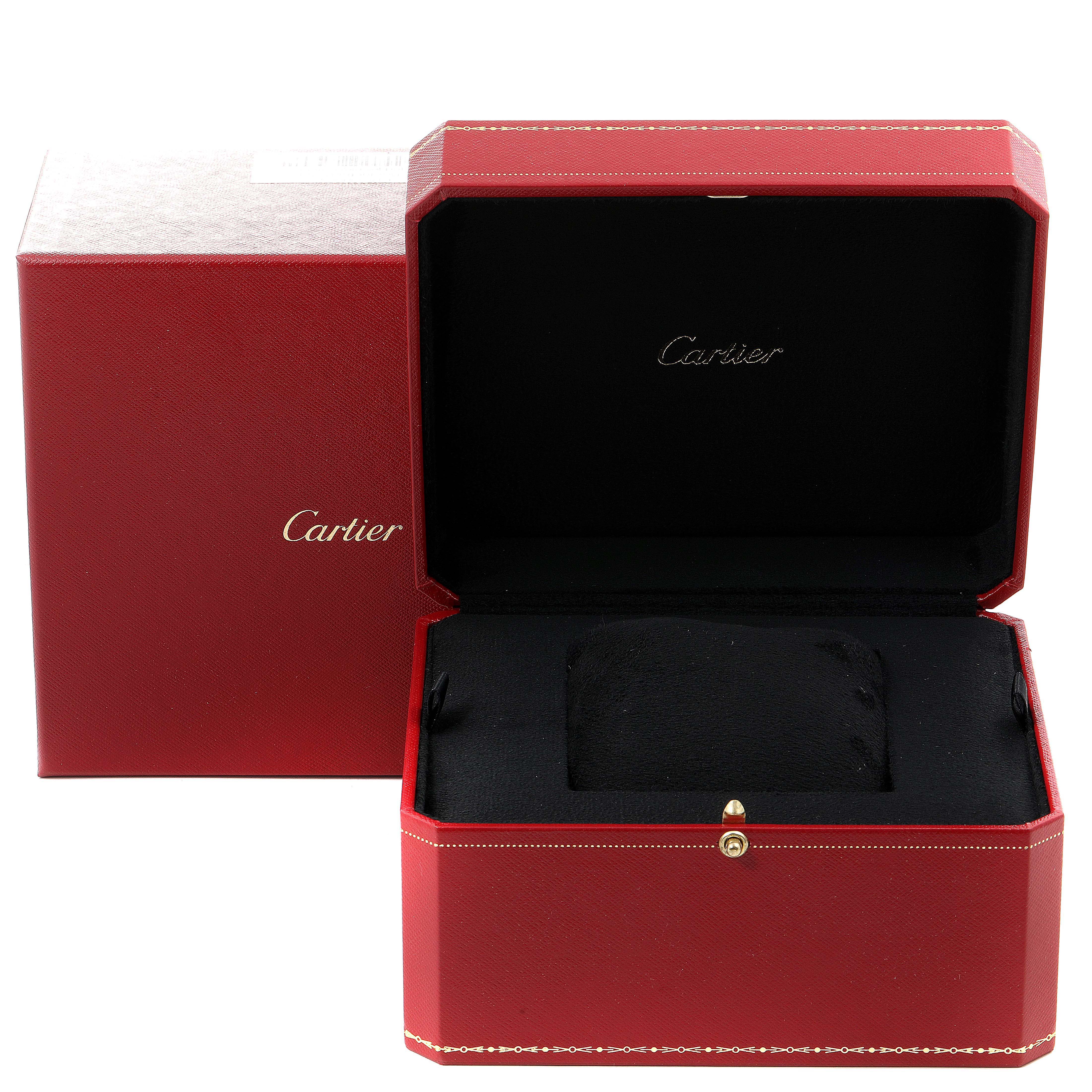 The image shows an open red box for the Cartier Ronde WSRN0023 Men's Stainless Steel Blue Dial WSRN0023 Men's Stainless Steel Blue Dial model watch, displaying the cushioned interior designed to hold the watch.