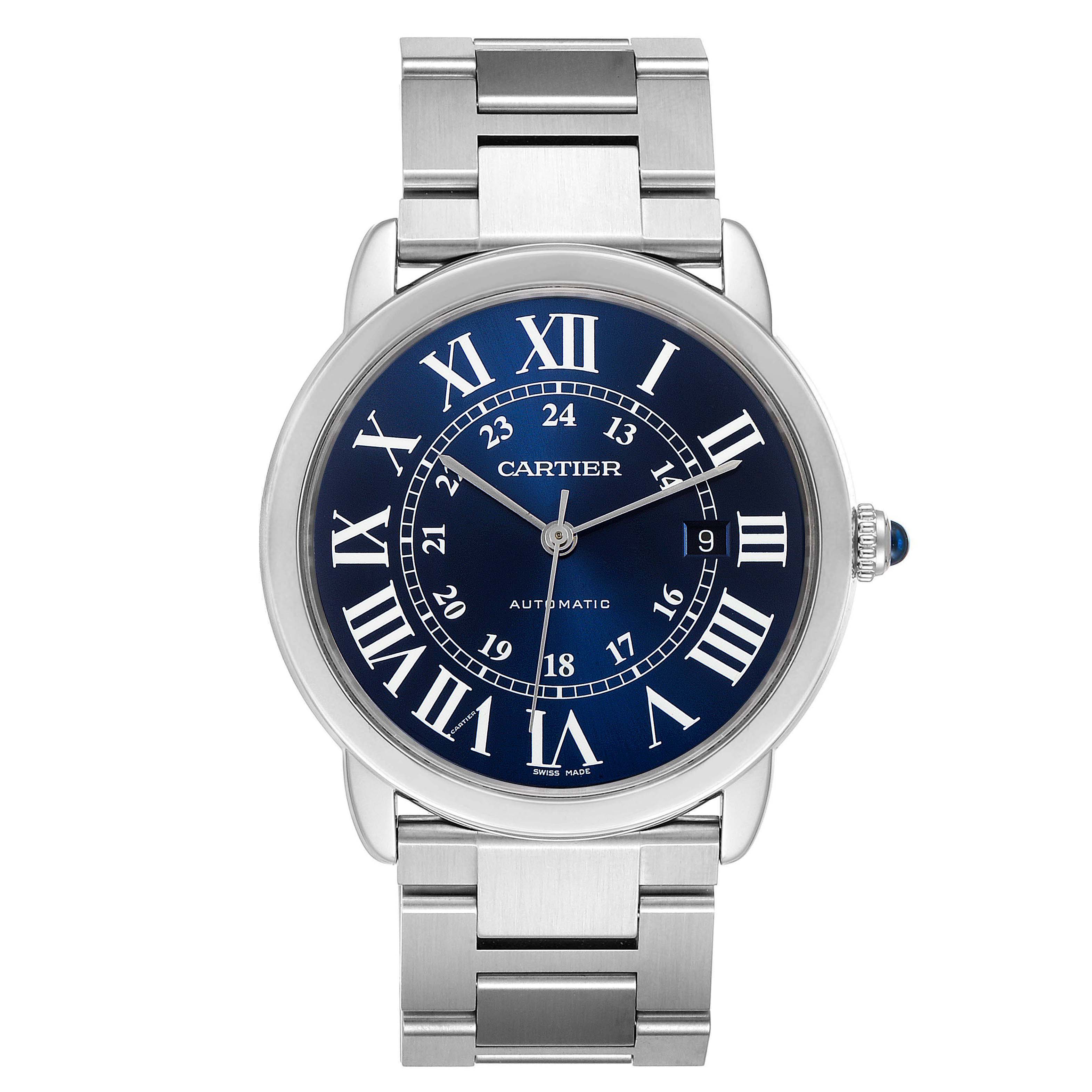 The image shows a front view of a Cartier Ronde WSRN0023 Men's Stainless Steel Blue Dial WSRN0023 Men's Stainless Steel Blue Dial model watch, highlighting its blue dial and stainless steel band.