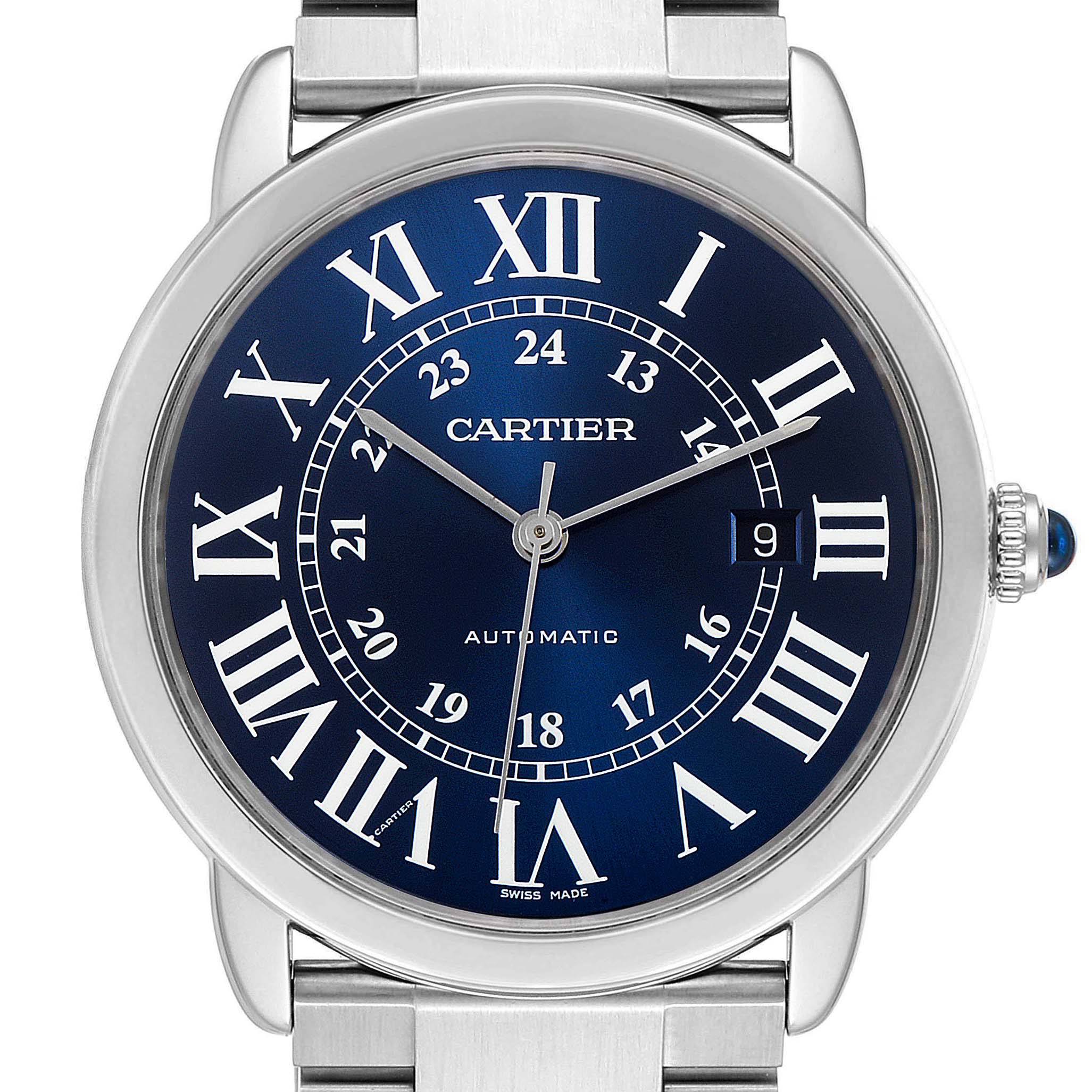 The image shows a front view of the Cartier Ronde WSRN0023 Men's Stainless Steel Blue Dial WSRN0023 Men's Stainless Steel Blue Dial model watch, featuring a blue dial with Roman numerals, date display, and stainless steel bracelet.