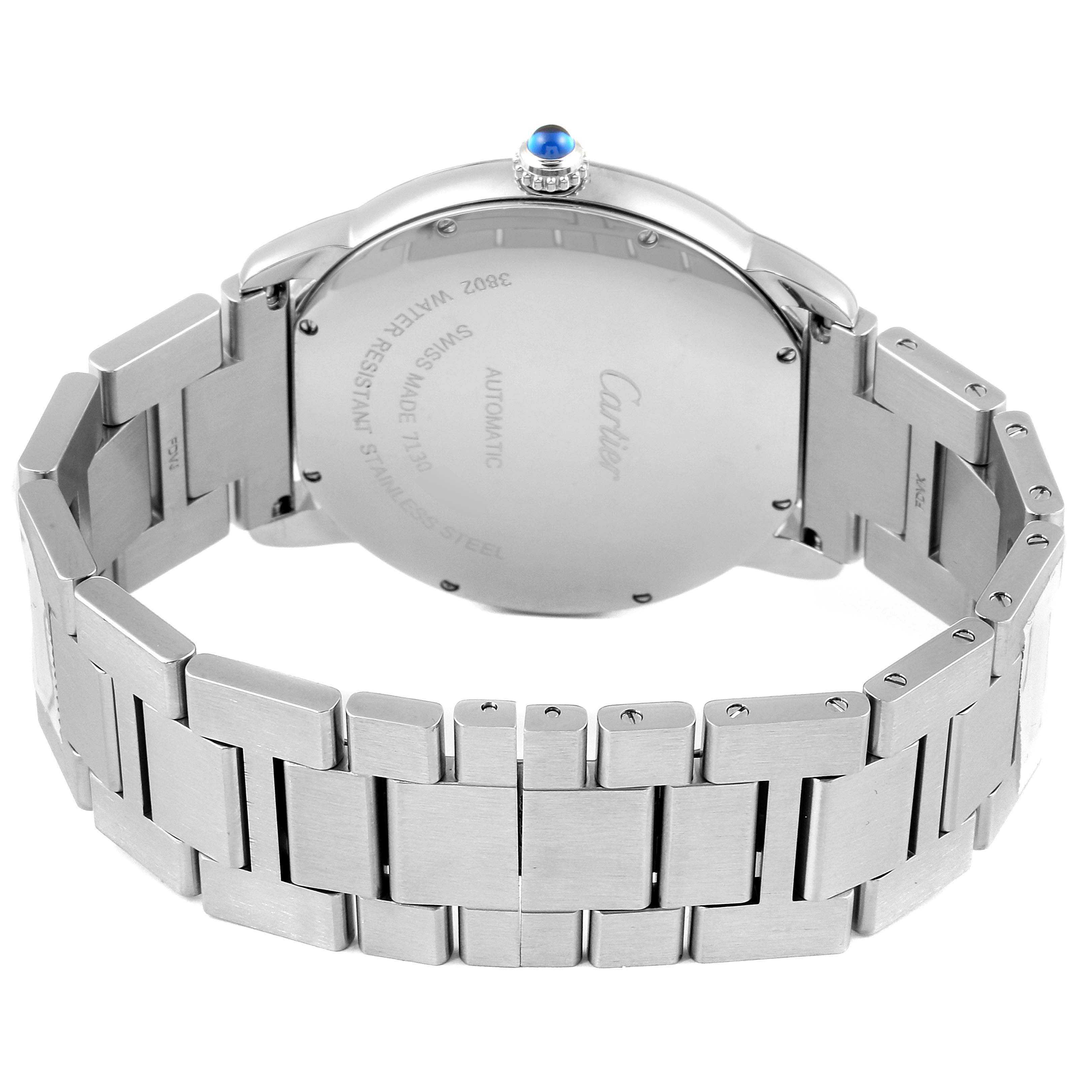 This image shows the back case and metal bracelet of the Cartier Ronde WSRN0023 Men's Stainless Steel Blue Dial WSRN0023 Men's Stainless Steel Blue Dial watch from a rear angle.