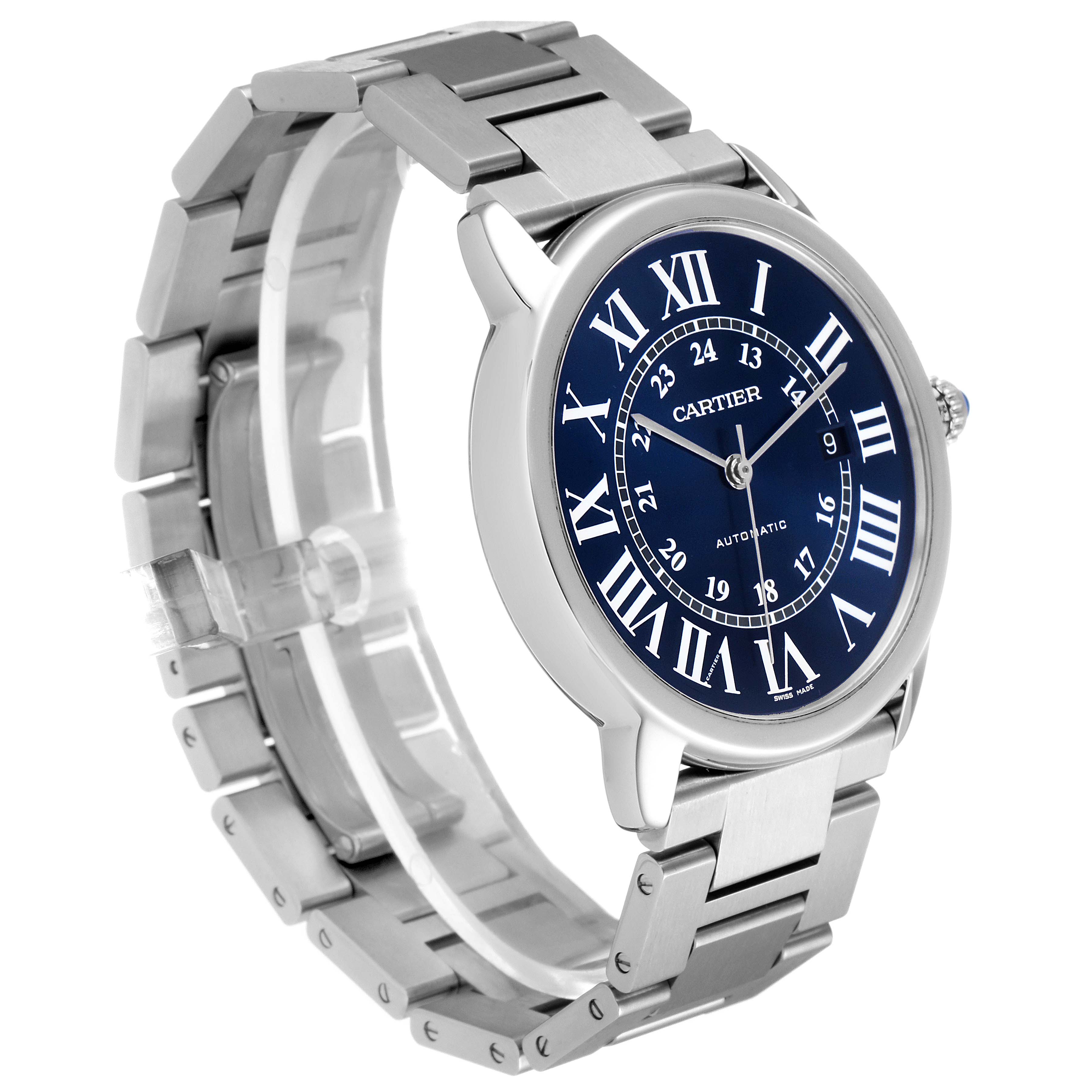 The Cartier Ronde WSRN0023 Men's Stainless Steel Blue Dial WSRN0023 Men's Stainless Steel Blue Dial watch is shown at a slight angle, displaying its face, bezel, and metal bracelet.