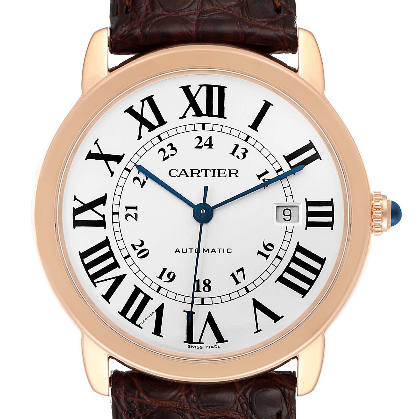 The image shows a front view of the Cartier Ronde W6701009 Men's Rose Gold Silver Dial W6701009 Men's Rose Gold Silver Dial model watch, highlighting its dial with Roman numerals, hands, and date window.