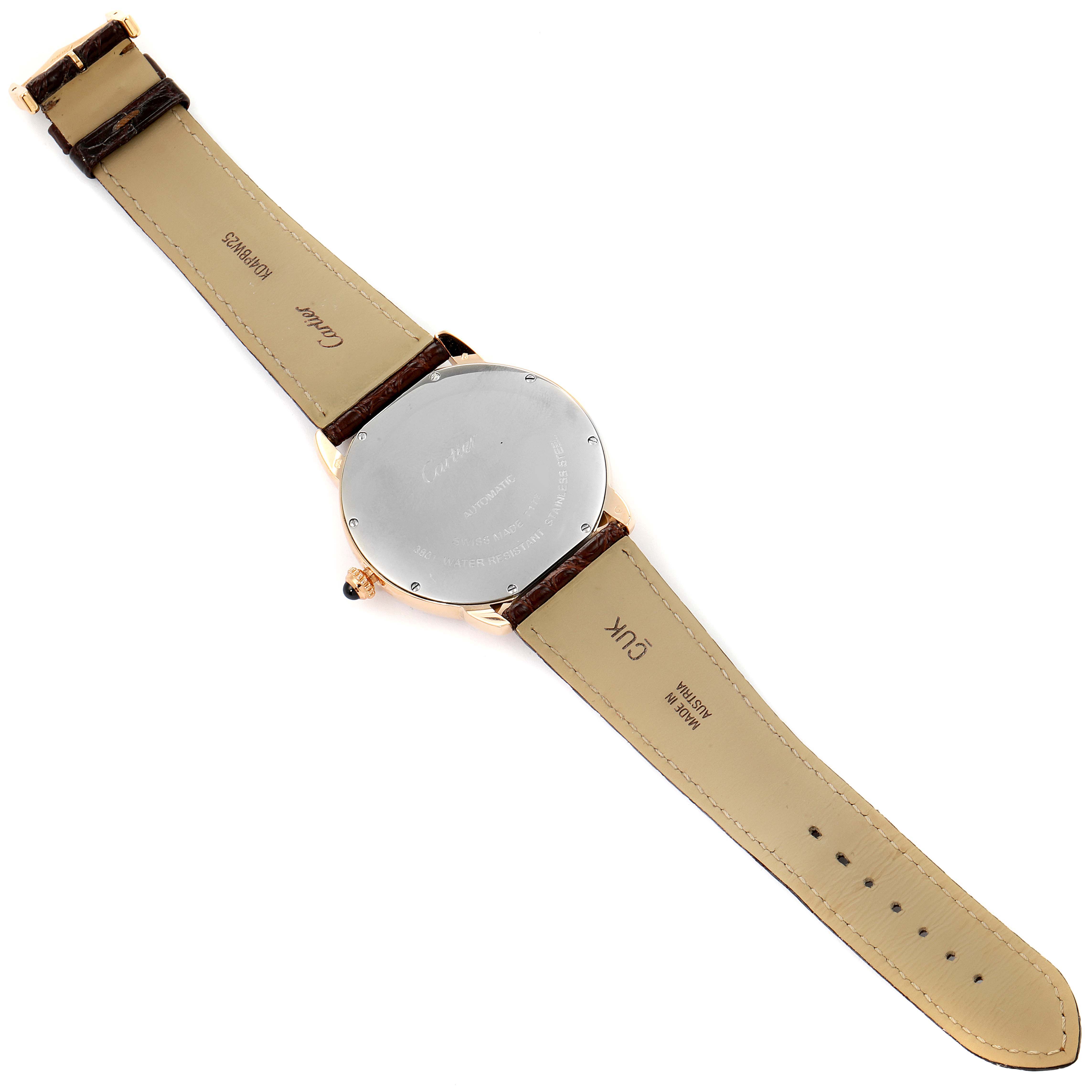 The image shows the back view of a Cartier Ronde W6701009 Men's Rose Gold Silver Dial W6701009 Men's Rose Gold Silver Dial watch, highlighting the case back and the leather straps.