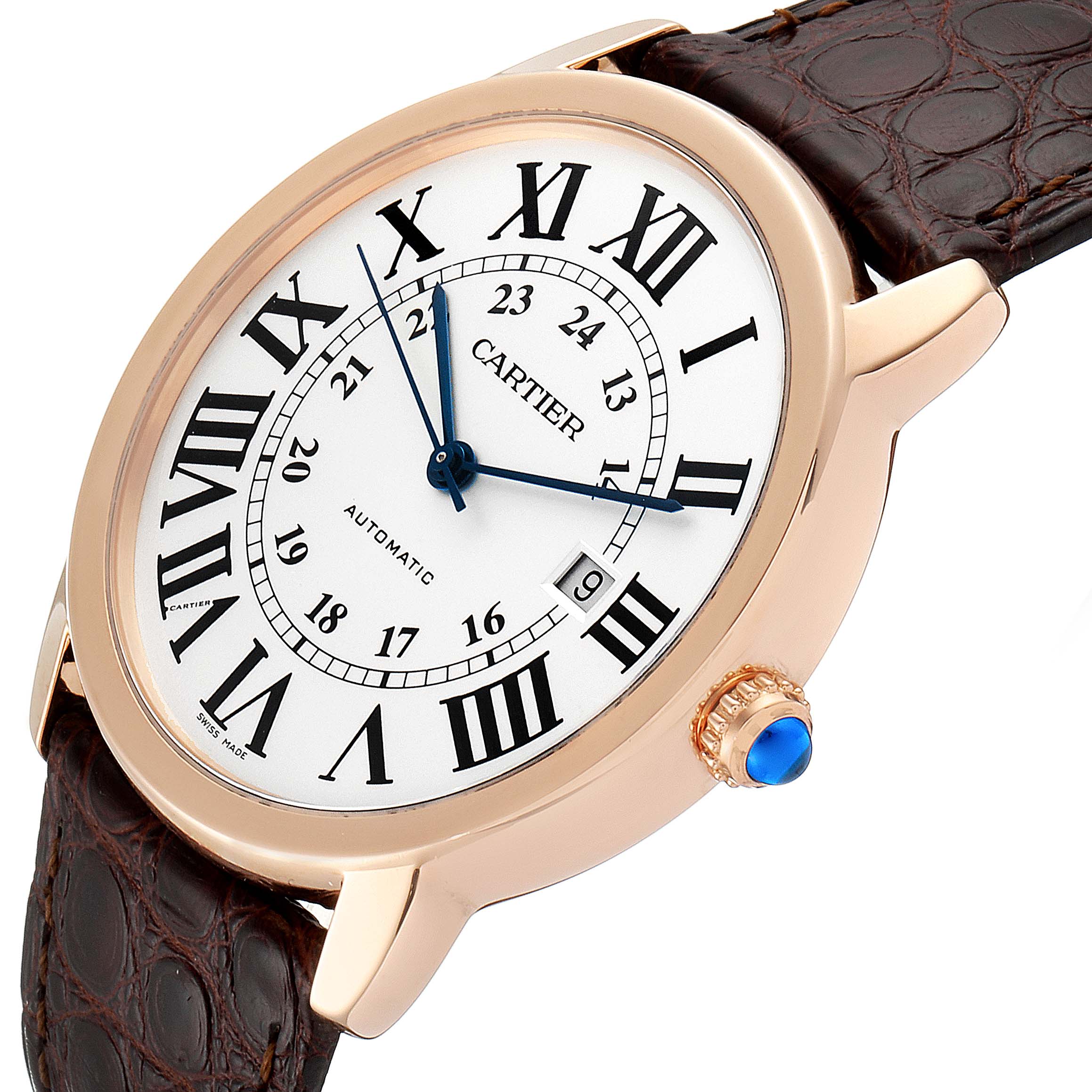 The image shows a close-up tilted angle of the Cartier Ronde W6701009 Men's Rose Gold Silver Dial W6701009 Men's Rose Gold Silver Dial watch, highlighting its face, brown leather strap, and crown with a blue cabochon.