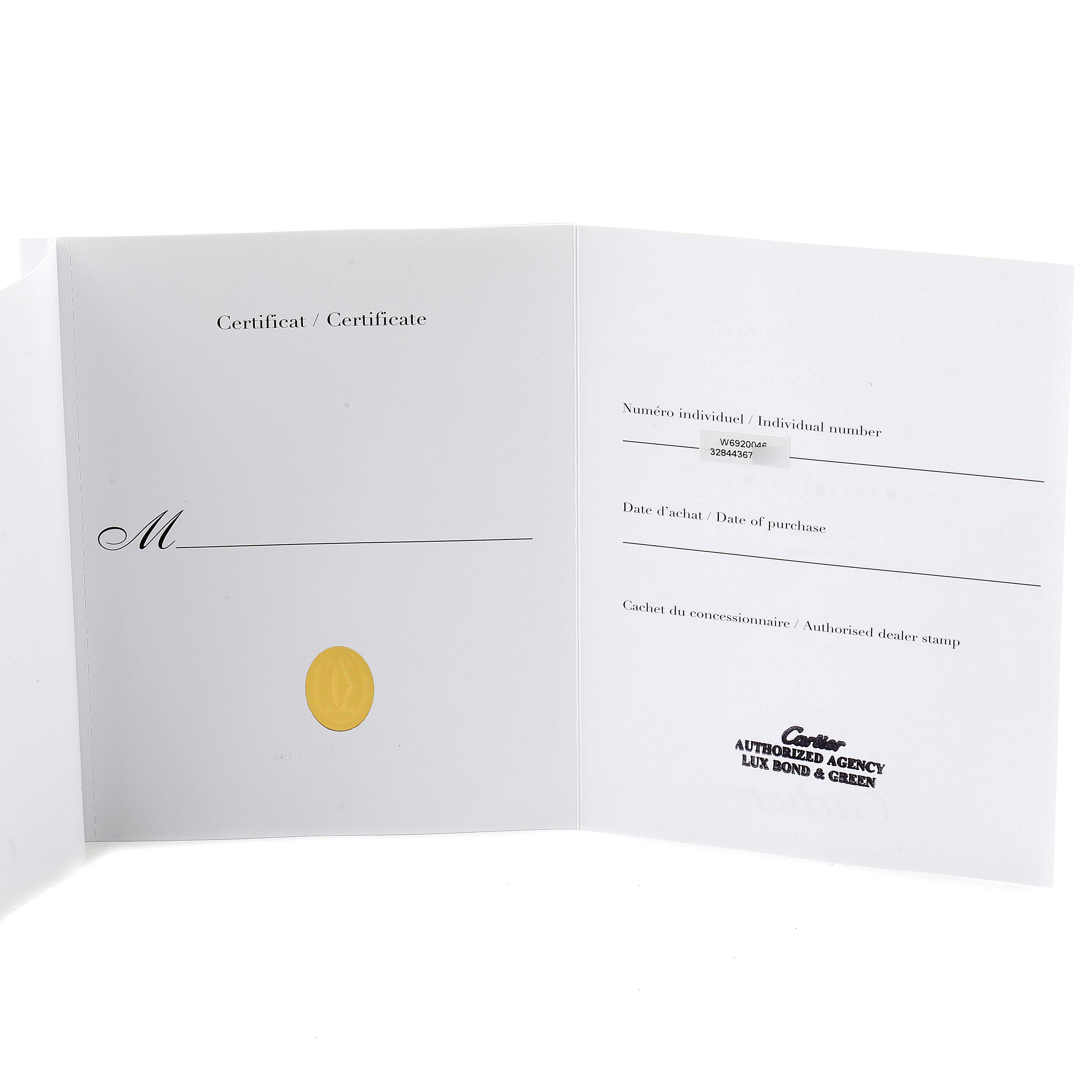 This image shows the certificate and paperwork for the Cartier Ronde W6701009 Men's Rose Gold Silver Dial W6701009 Men's Rose Gold Silver Dial model watch.