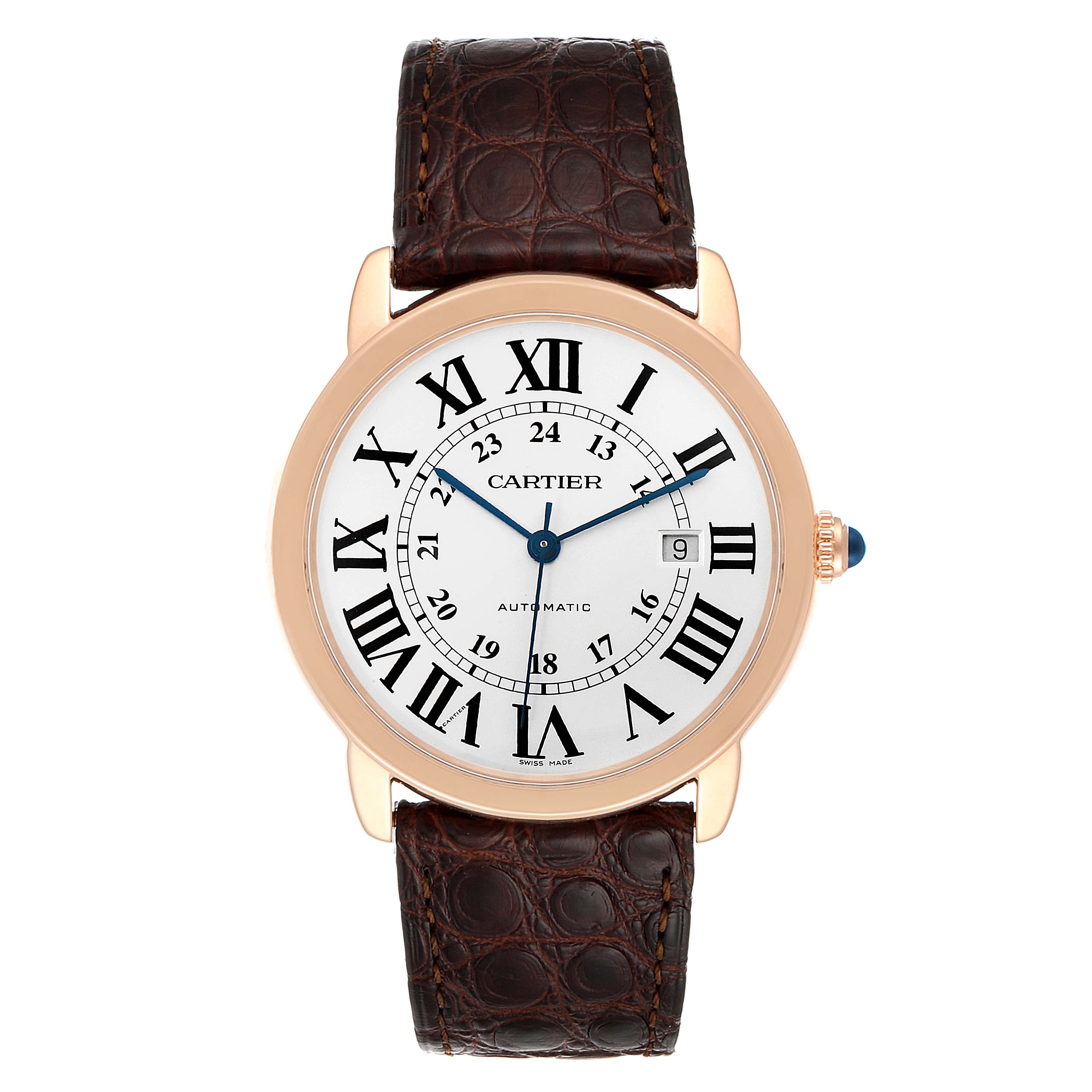 This is a front view of the Cartier Ronde W6701009 Men's Rose Gold Silver Dial W6701009 Men's Rose Gold Silver Dial model watch, showing the face, dial, and brown leather strap.