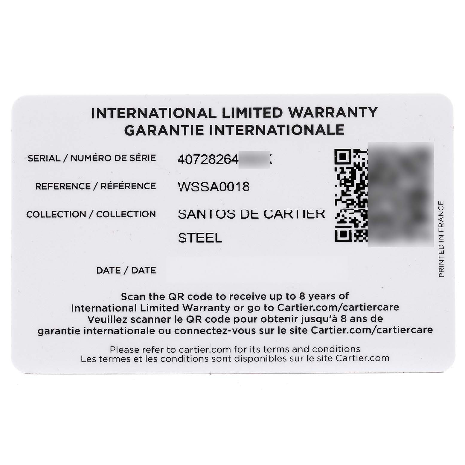 The image shows an International Limited Warranty card for the Cartier Santos WSSA0018 Men's Stainless Steel Silver Dial WSSA0018 Men's Stainless Steel Silver Dial model watch.