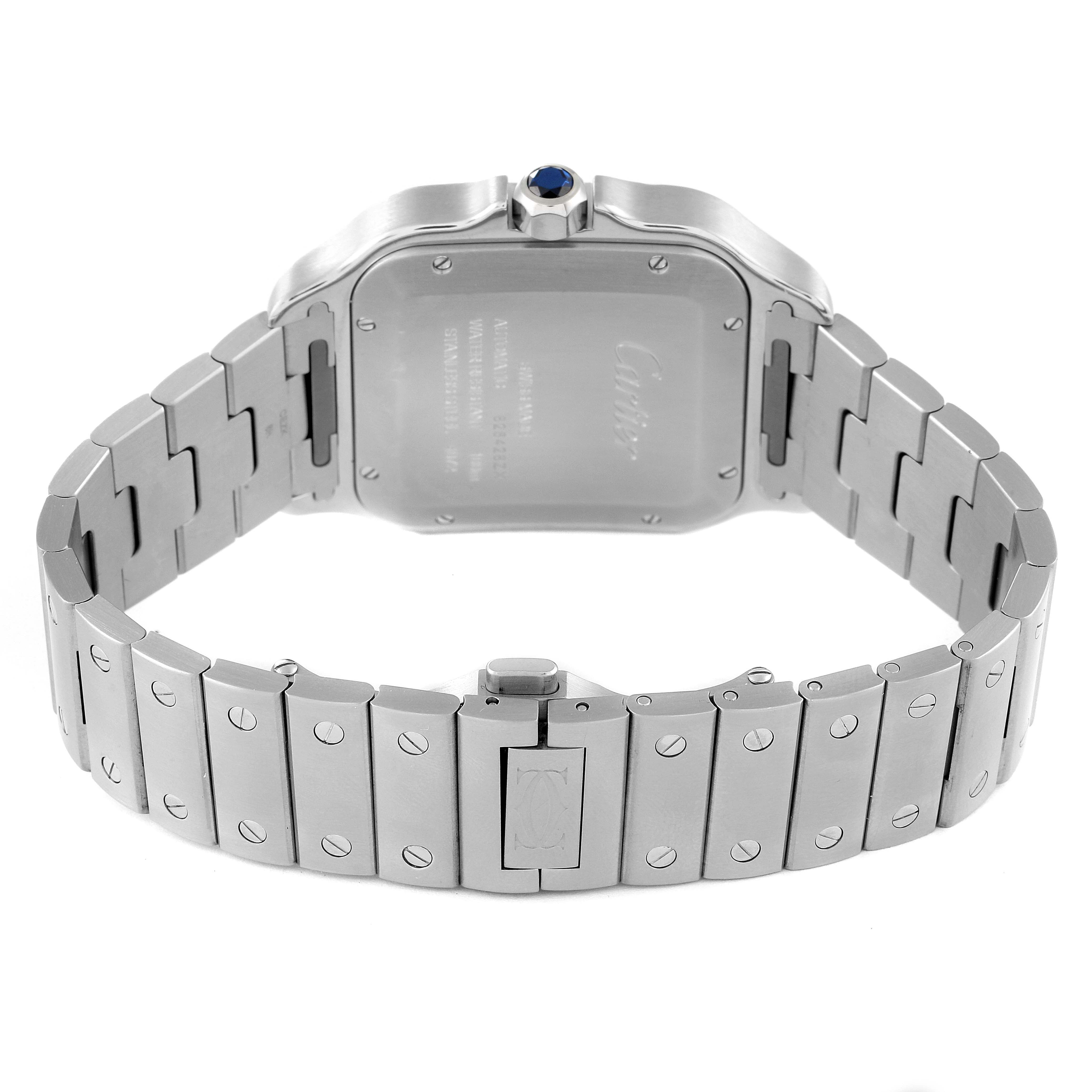 The image shows the back and bracelet of the Cartier Santos WSSA0018 Men's Stainless Steel Silver Dial WSSA0018 Men's Stainless Steel Silver Dial watch, highlighting its stainless steel links and case.