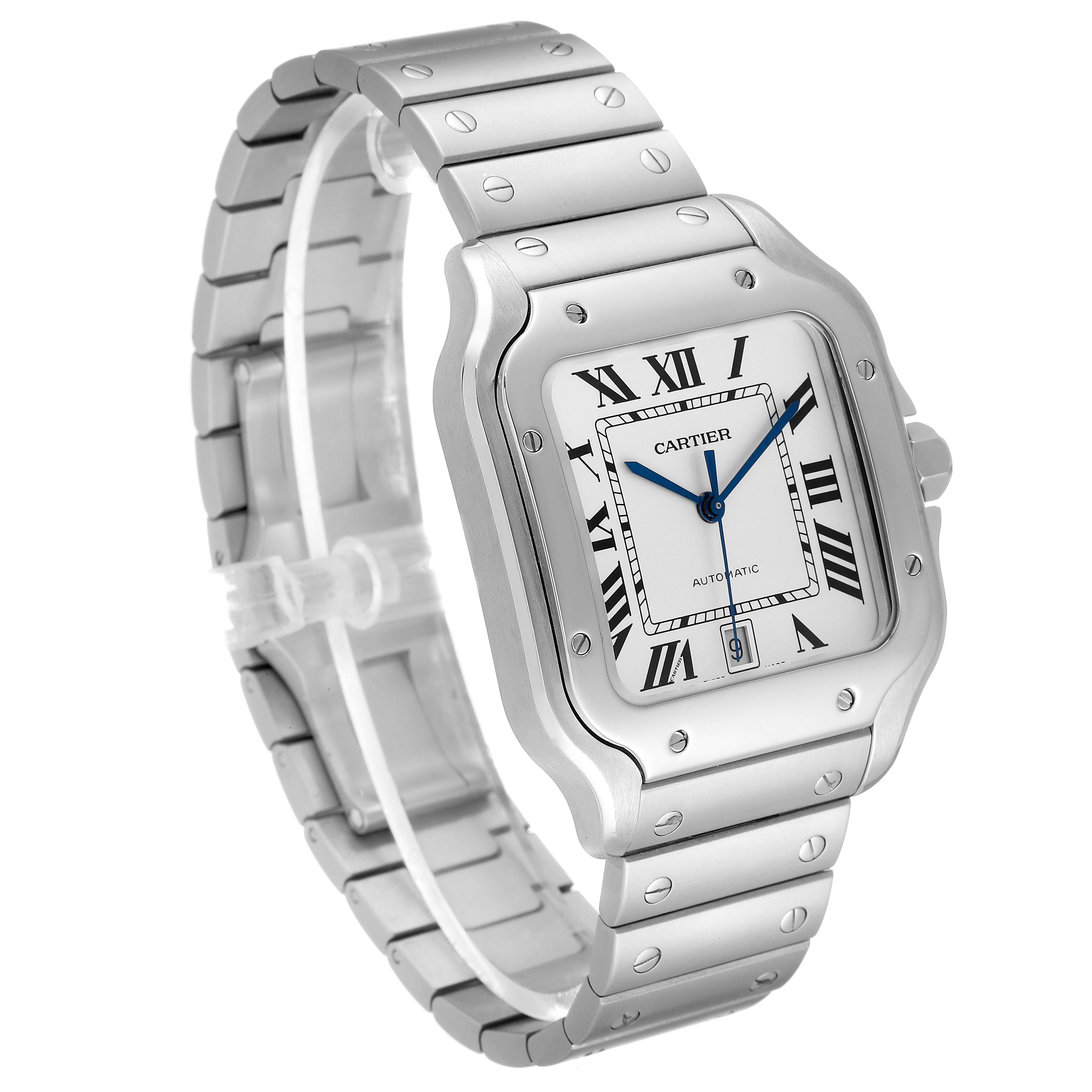 The Cartier Santos WSSA0018 Men's Stainless Steel Silver Dial WSSA0018 Men's Stainless Steel Silver Dial watch is shown at a slight angle, displaying its silver bracelet, bezel, and dial with Roman numerals.
