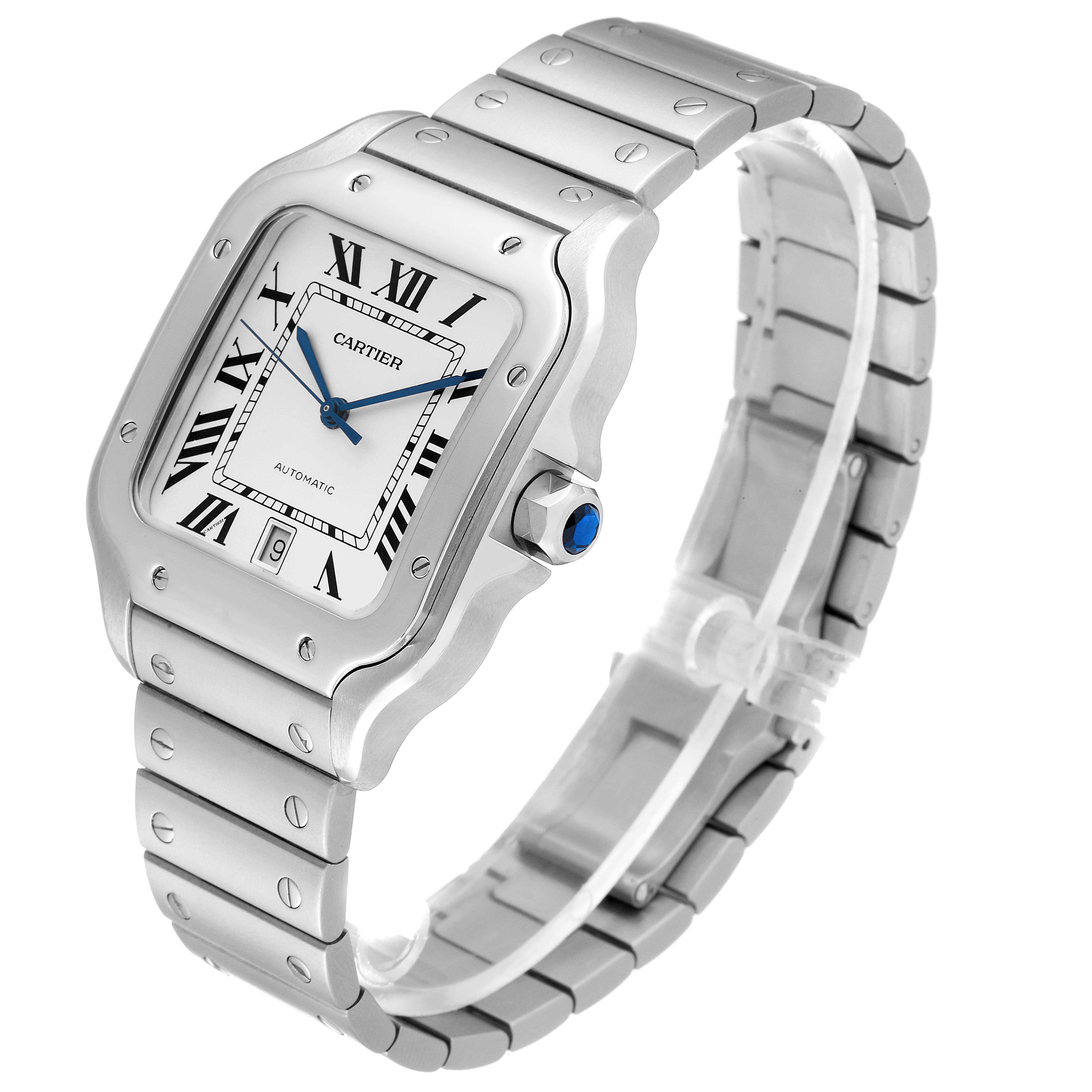 This image shows a side angle view of the Cartier Santos WSSA0018 Men's Stainless Steel Silver Dial WSSA0018 Men's Stainless Steel Silver Dial watch, displaying its face, bezel, and metal bracelet.