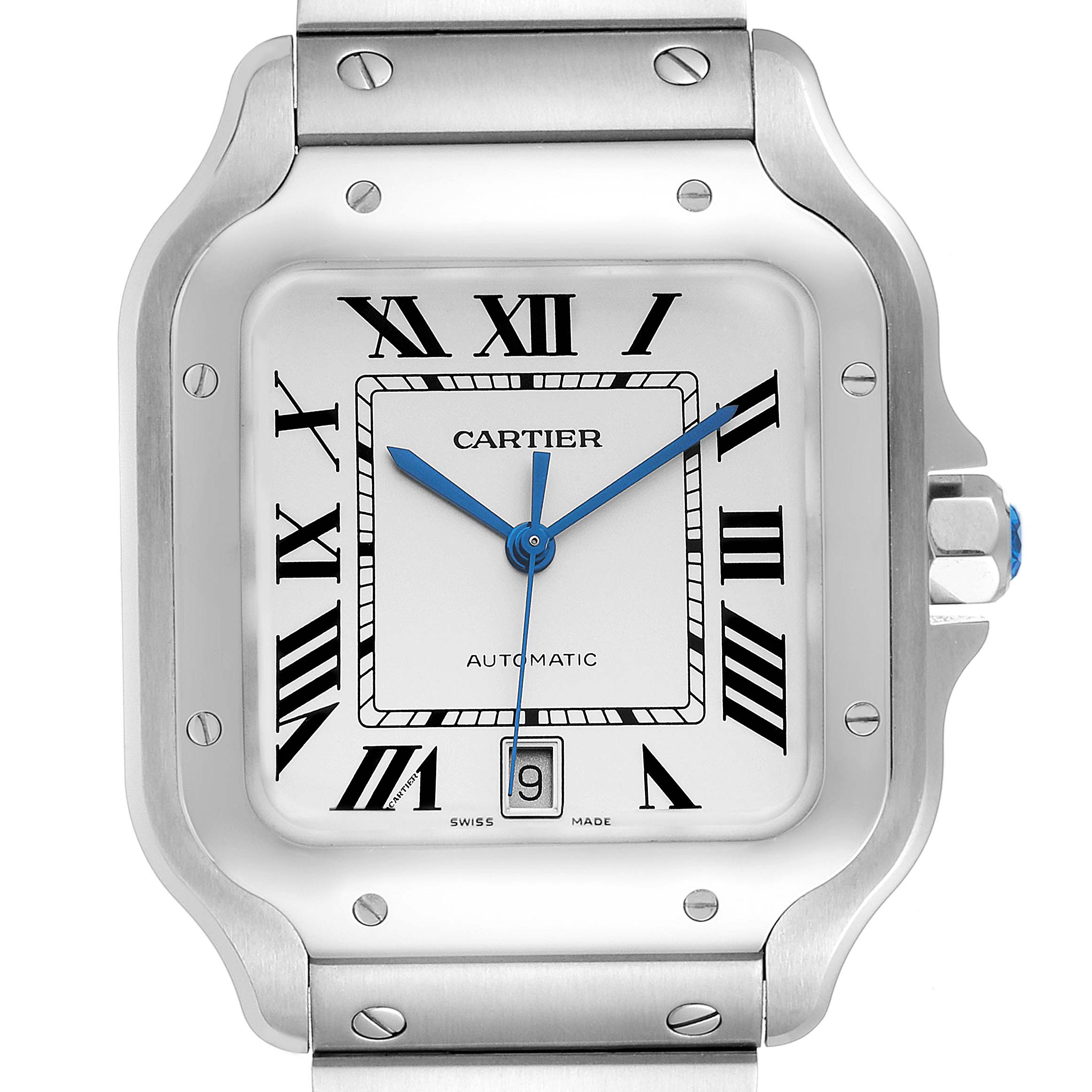 This image shows a close-up view of the face of a Cartier Santos WSSA0018 Men's Stainless Steel Silver Dial WSSA0018 Men's Stainless Steel Silver Dial watch, highlighting its Roman numerals and blue hands.