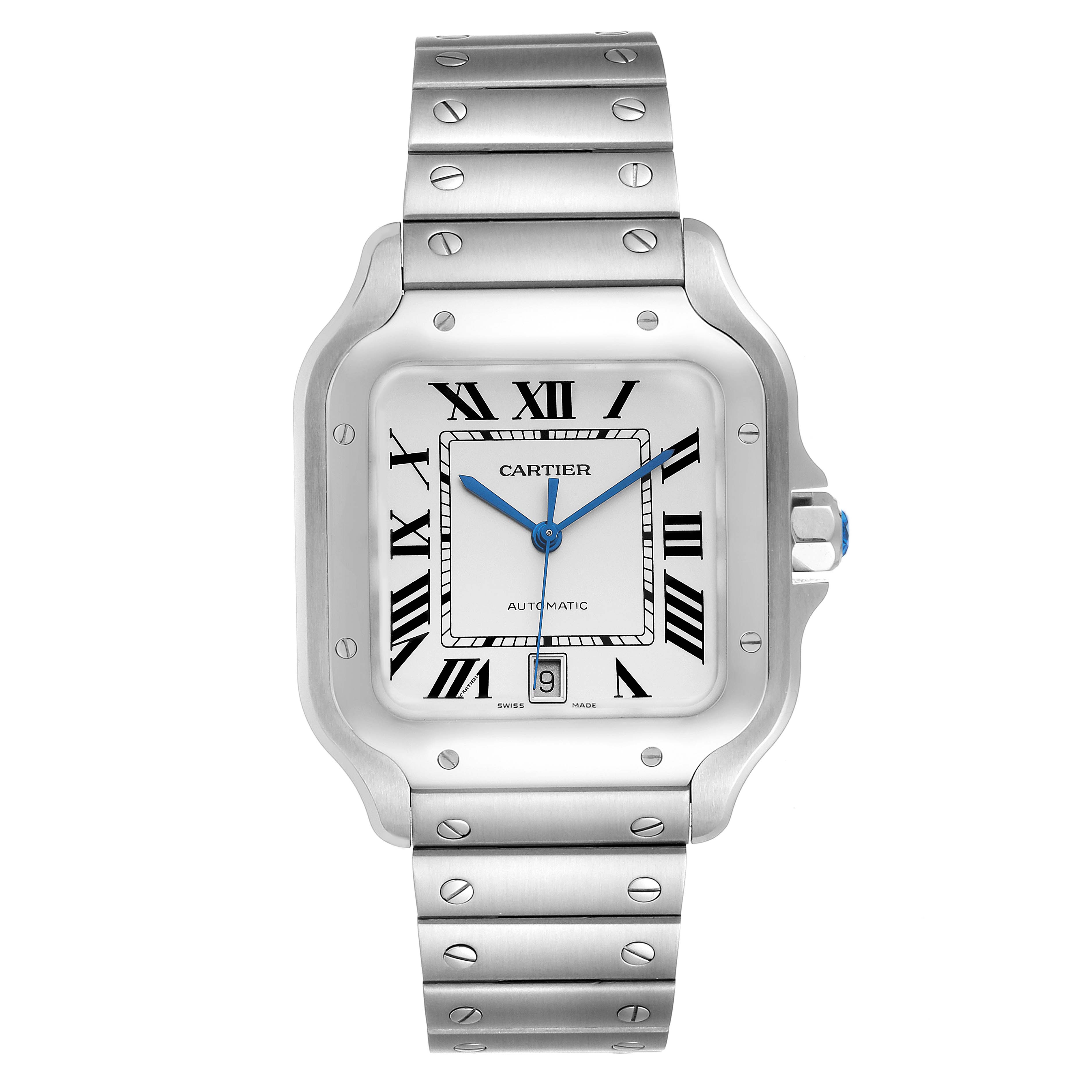 The image shows a front view of a Santos model by Cartier, highlighting the watch face, bezel, and metal bracelet.