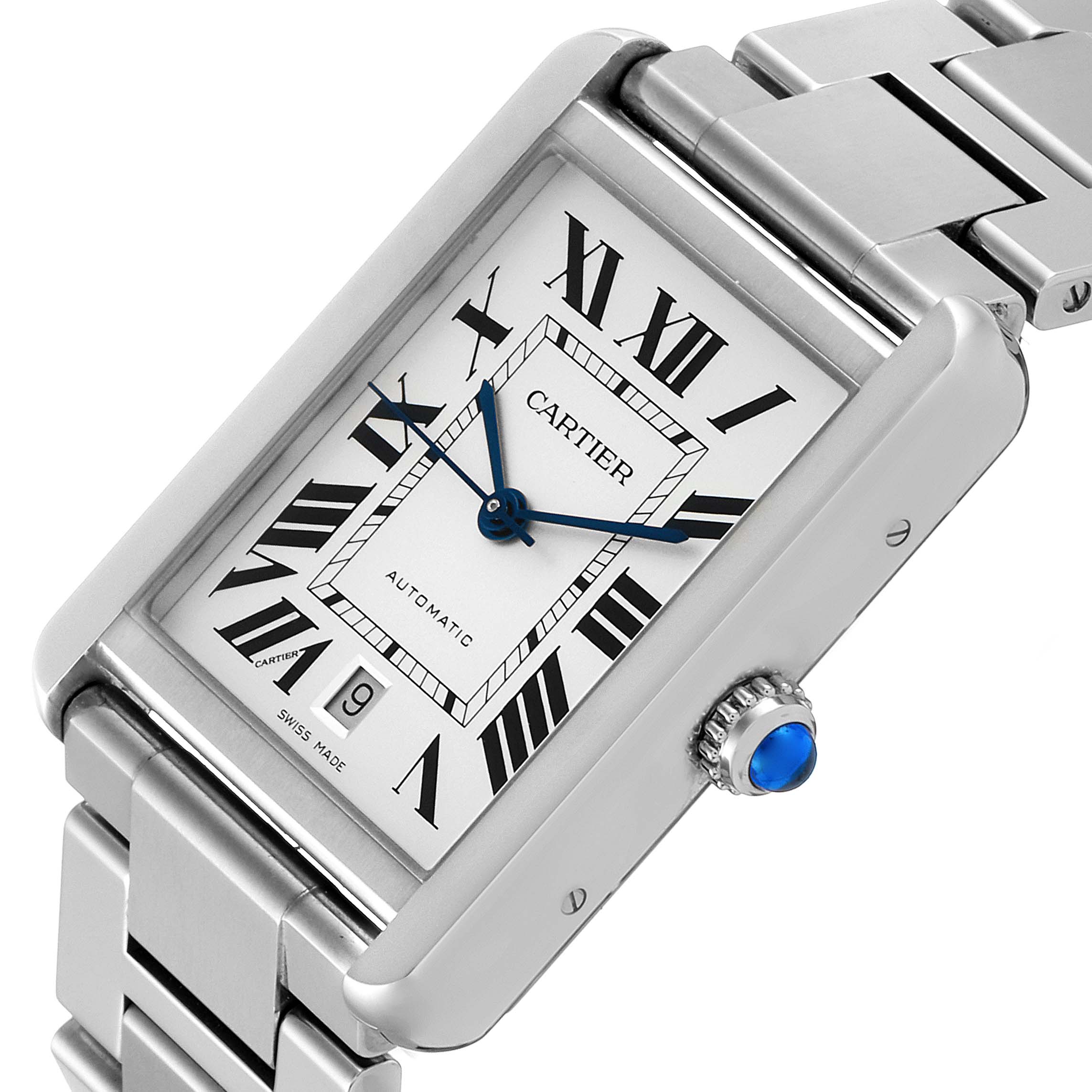 The Cartier Tank Solo W5200028 Men's Stainless Steel Silver Dial W5200028 Men's Stainless Steel Silver Dial watch is shown at an angle, featuring the face, Roman numerals, bracelet, and blue cabochon crown.