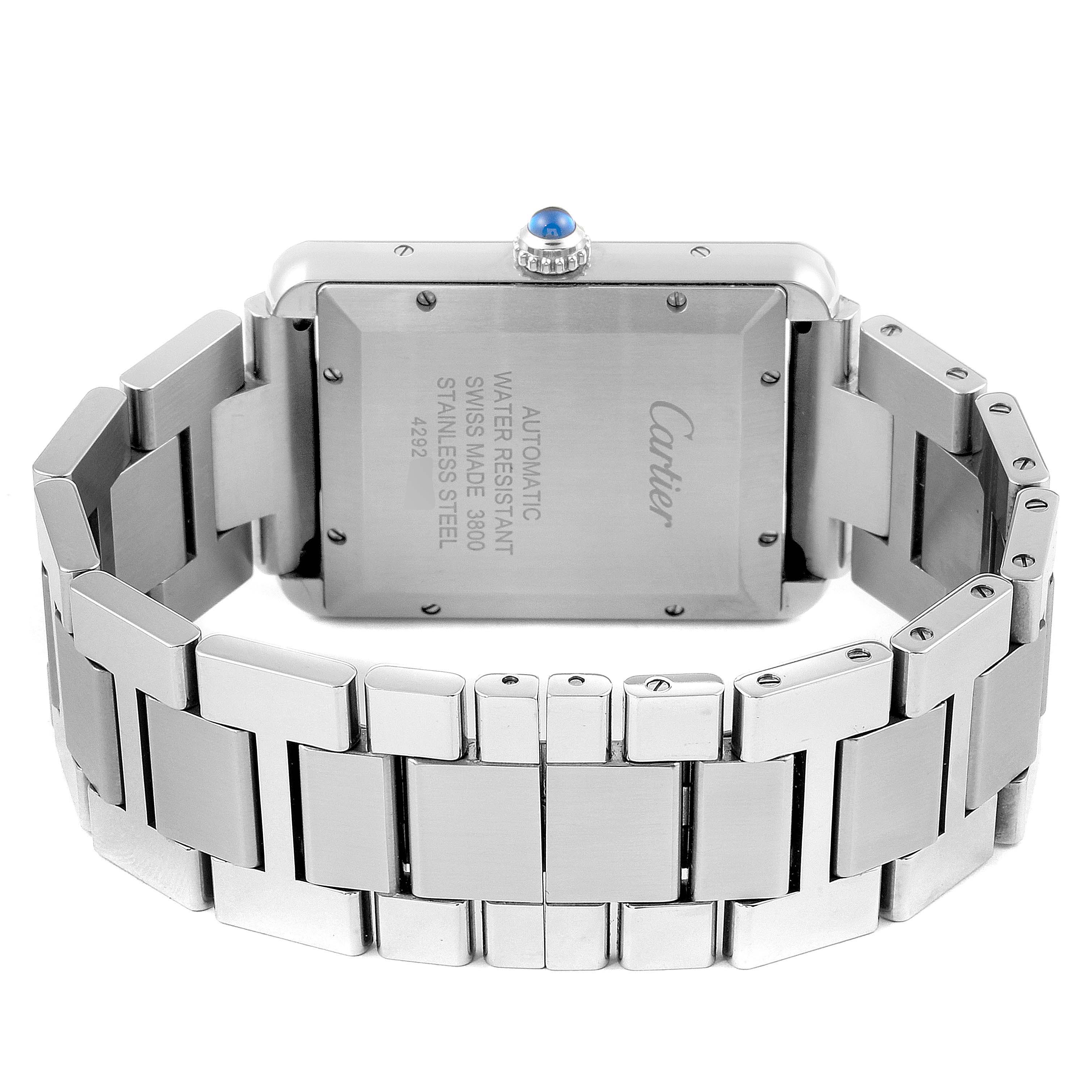 This image shows the stainless steel back and bracelet of a Cartier Tank Solo W5200028 Men's Stainless Steel Silver Dial W5200028 Men's Stainless Steel Silver Dial watch from a rear angle.