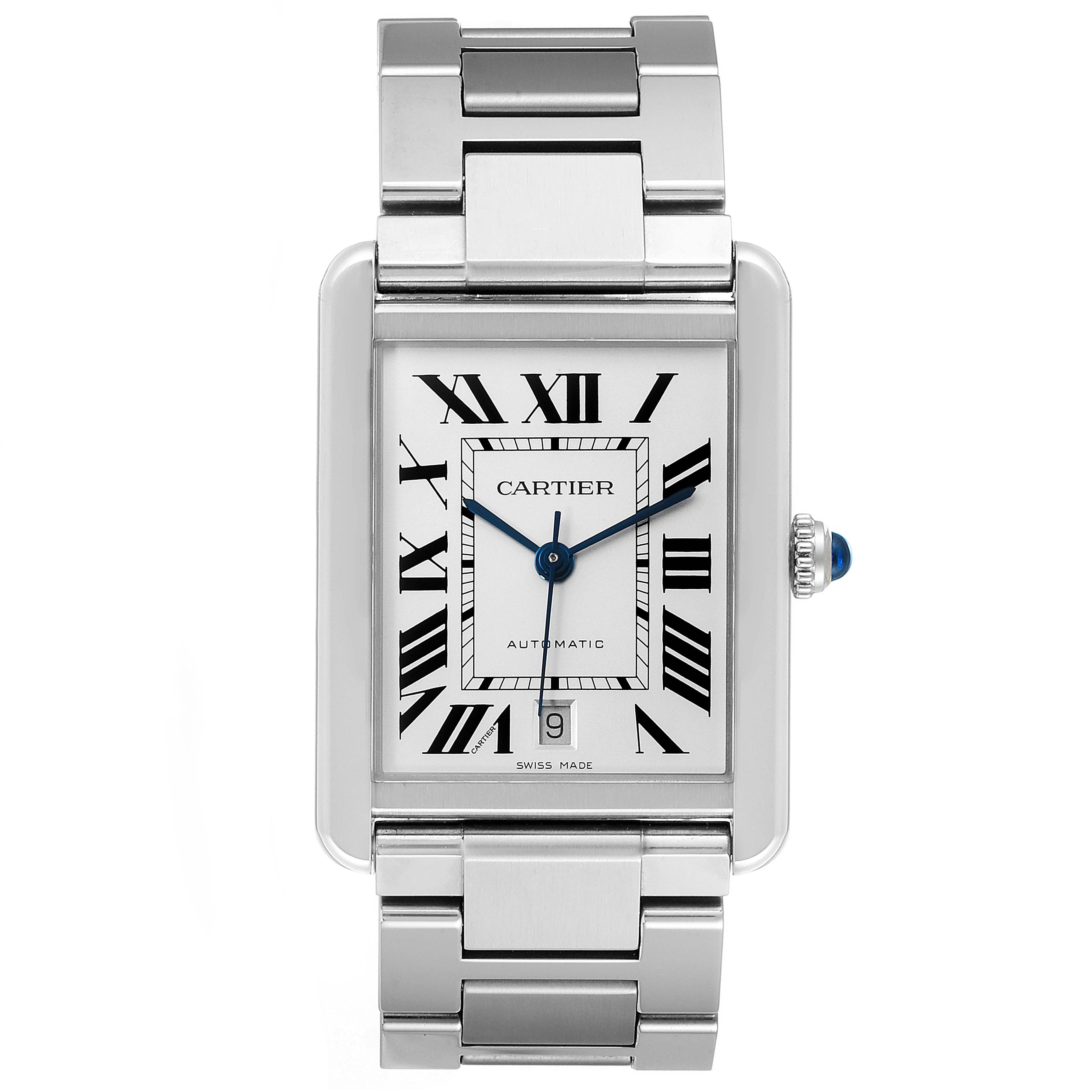 The image shows a front view of a Cartier Tank Solo W5200028 Men's Stainless Steel Silver Dial W5200028 Men's Stainless Steel Silver Dial watch, highlighting its face and stainless steel bracelet.