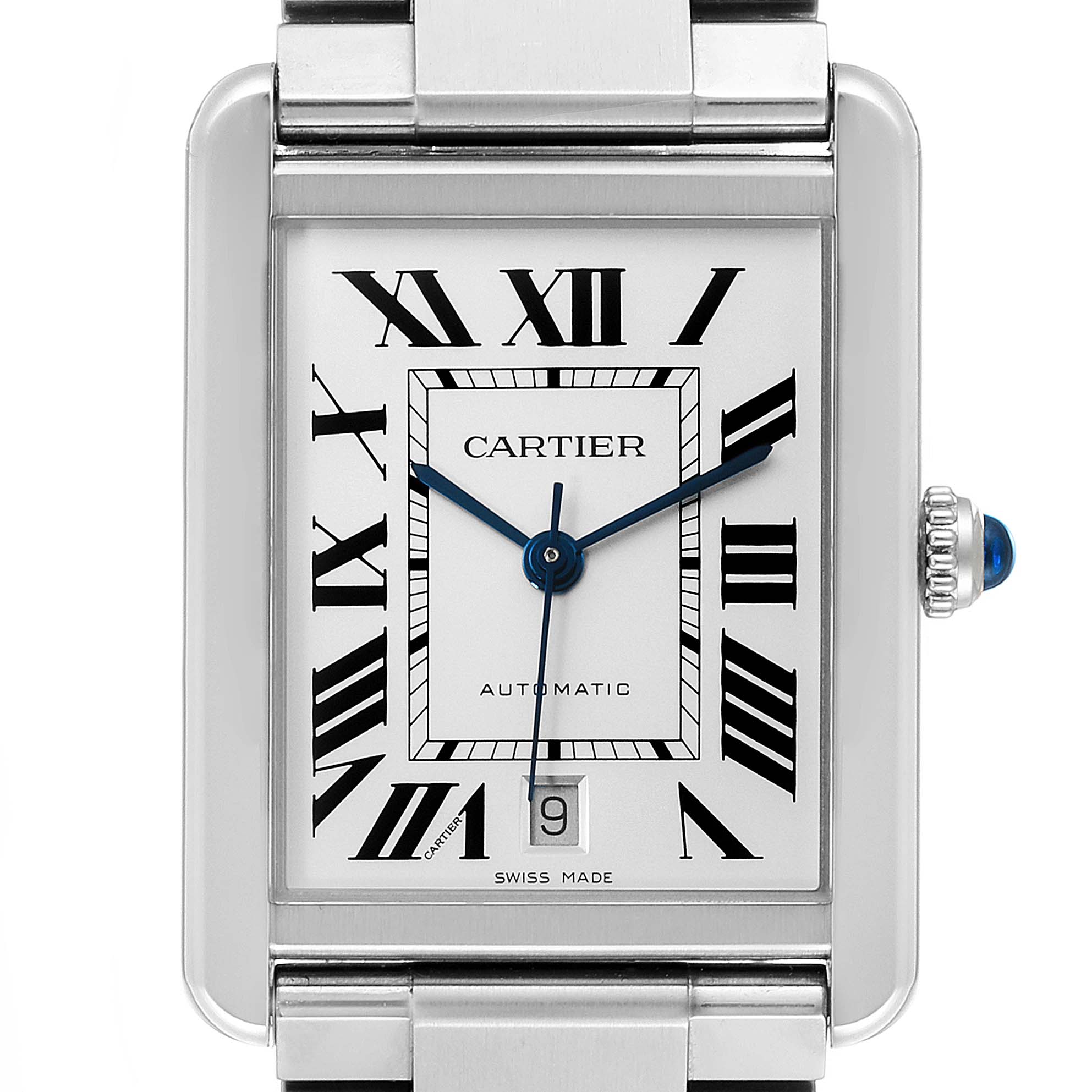 This image shows a front view of the Cartier Tank Solo W5200028 Men's Stainless Steel Silver Dial W5200028 Men's Stainless Steel Silver Dial watch, highlighting its face, roman numerals, and date window.