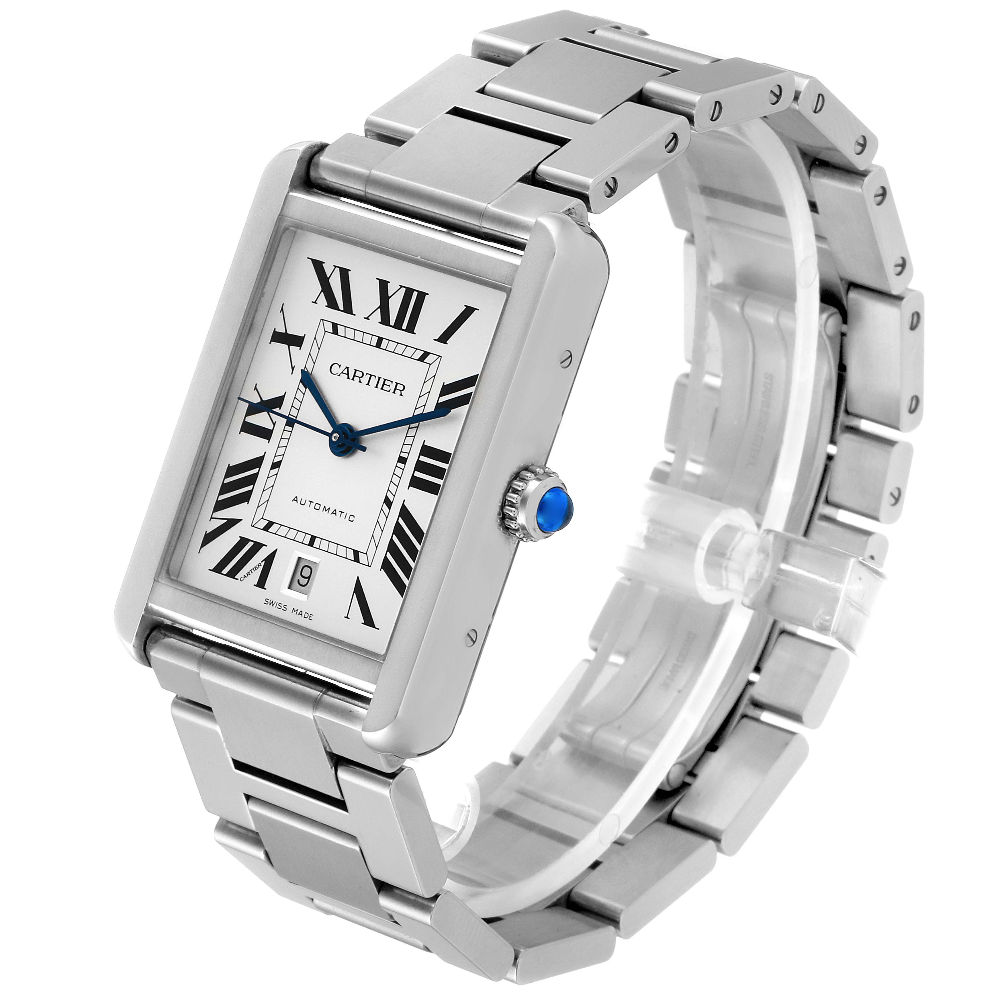 The Cartier Tank Solo W5200028 Men's Stainless Steel Silver Dial W5200028 Men's Stainless Steel Silver Dial watch is shown at a three-quarter angle, displaying its face, crown, and metal bracelet.