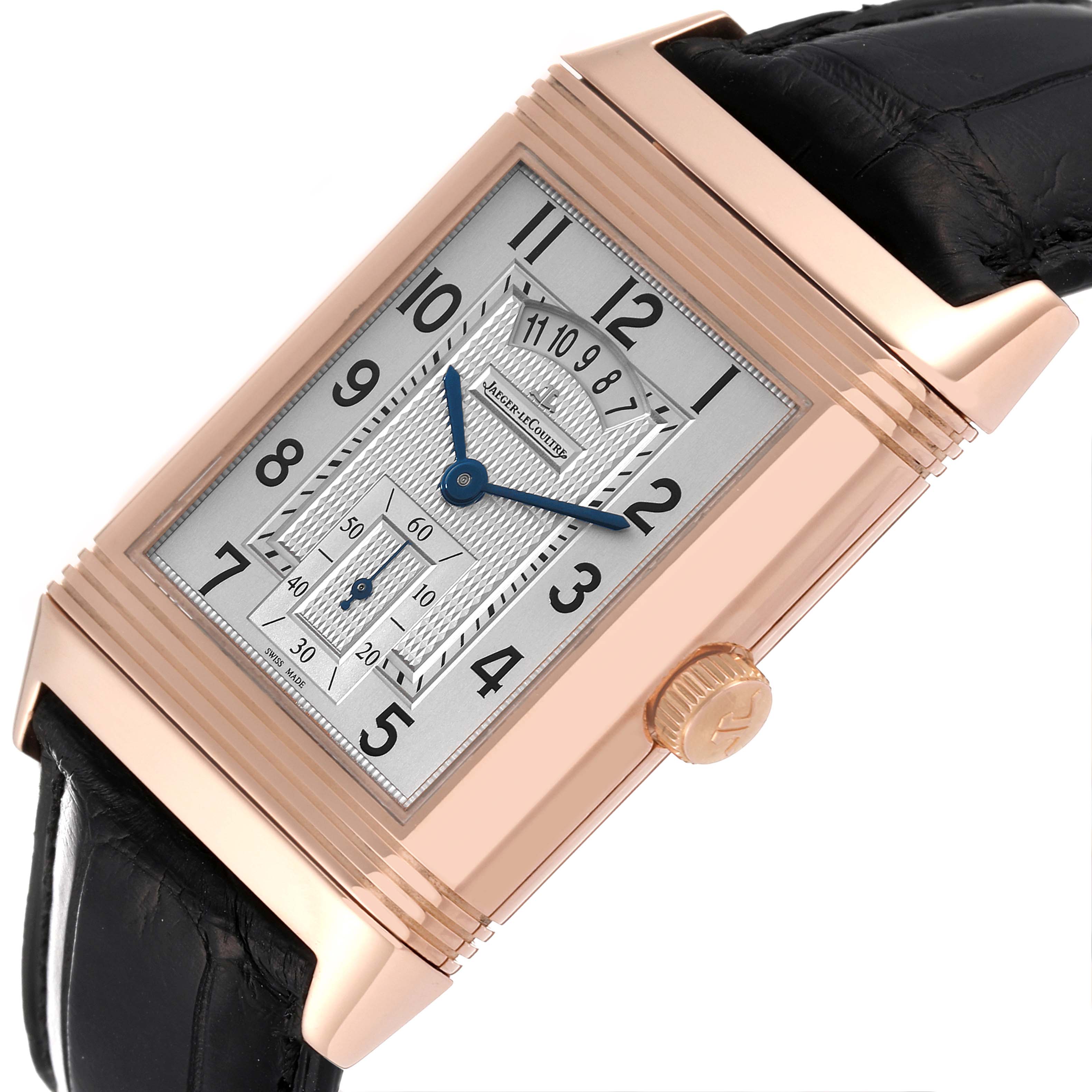 The image shows a close-up, angled view of the dial and crown of a Jaeger LeCoultre Reverso Q3742521 Men's Rose Gold Silver Dial Q3742521 Men's Rose Gold Silver Dial watch with a black leather strap.