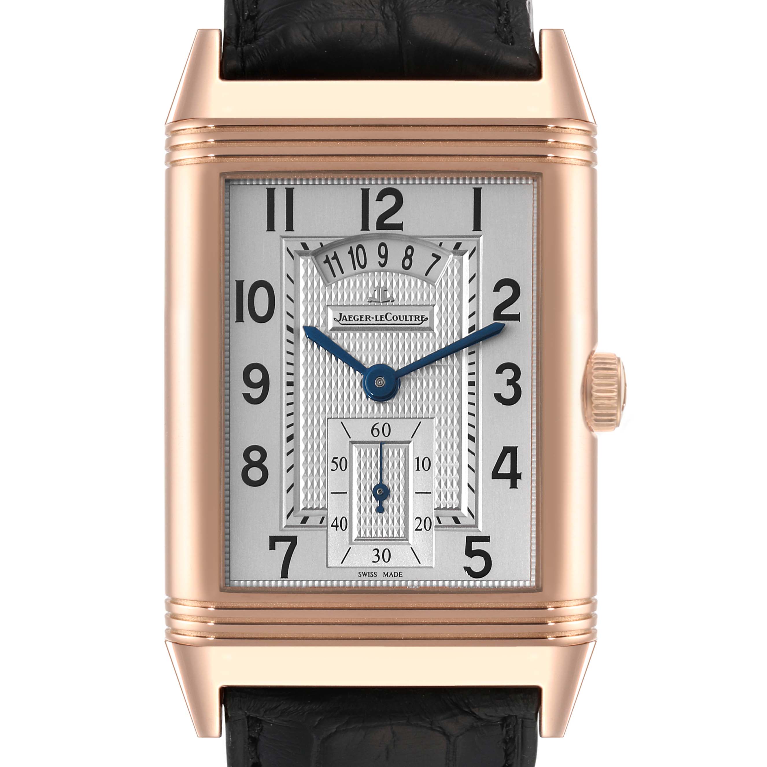 This image shows a front view of a Jaeger-LeCoultre Reverso watch, highlighting its rectangular dial, case, and crown.