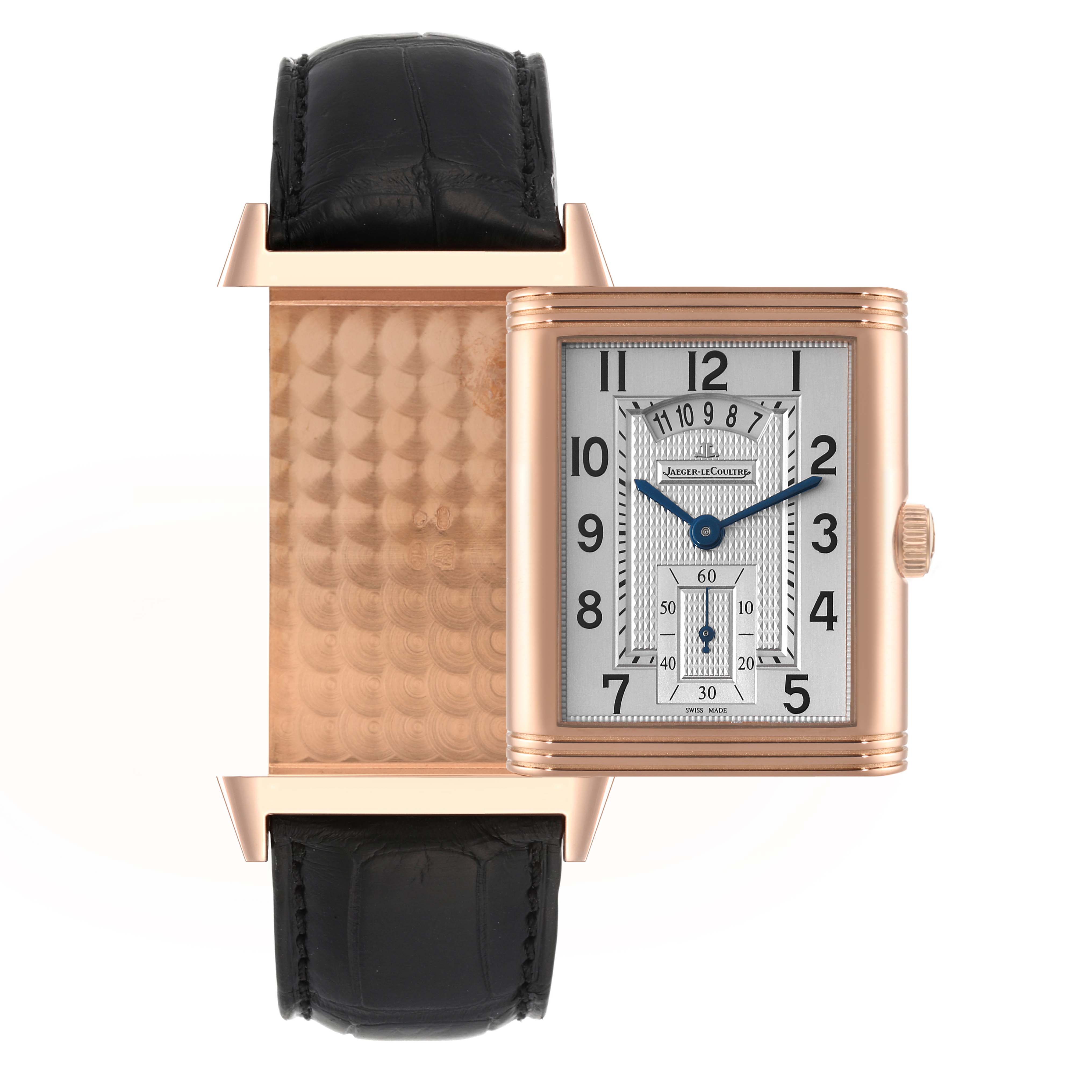 The image shows a Jaeger LeCoultre Reverso Q3742521 Men's Rose Gold Silver Dial Q3742521 Men's Rose Gold Silver Dial watch with its case swiveled, displaying both the front and textured back.