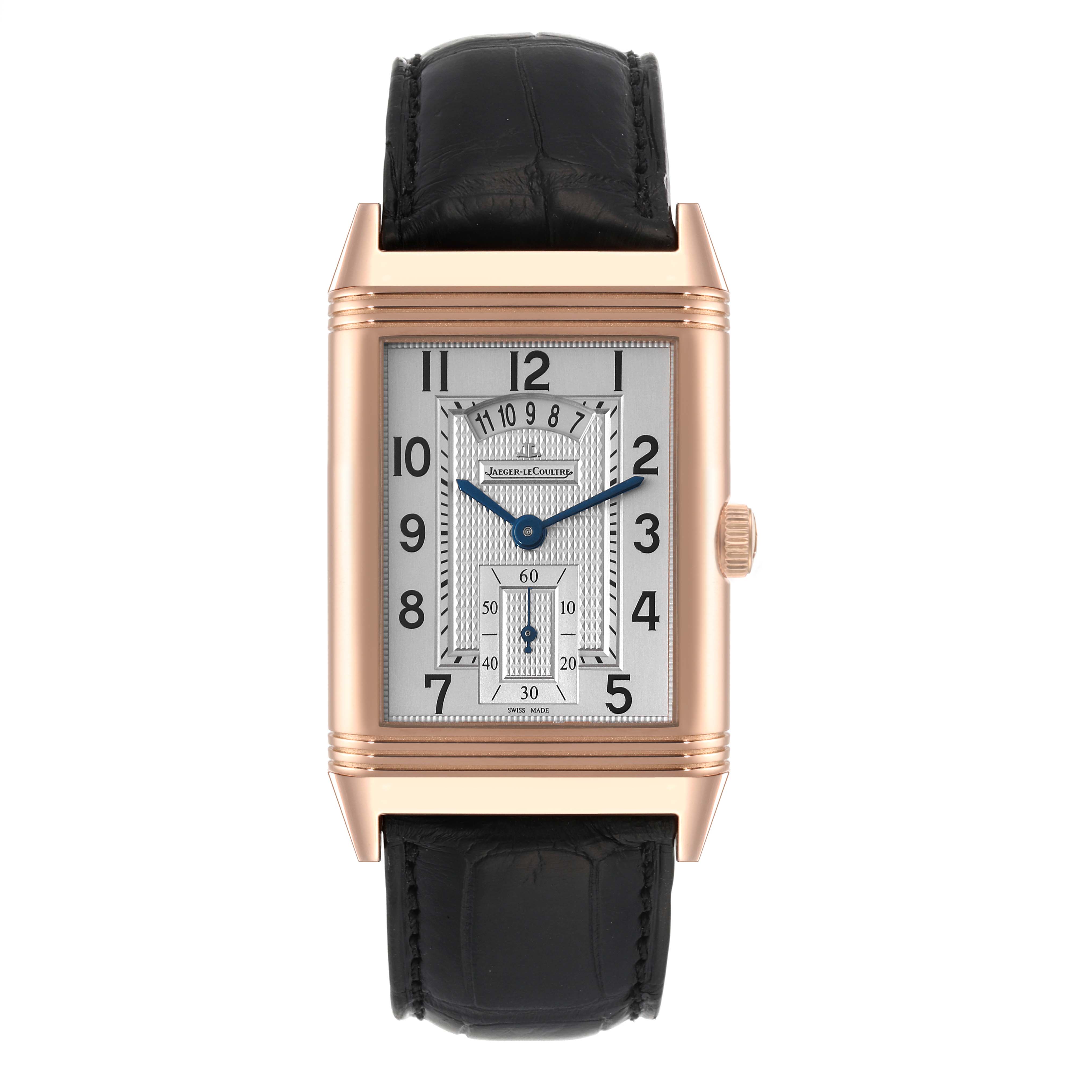 The image shows a front view of the Jaeger LeCoultre Reverso Q3742521 Men's Rose Gold Silver Dial Q3742521 Men's Rose Gold Silver Dial watch, highlighting its rectangular dial, hands, and leather strap.