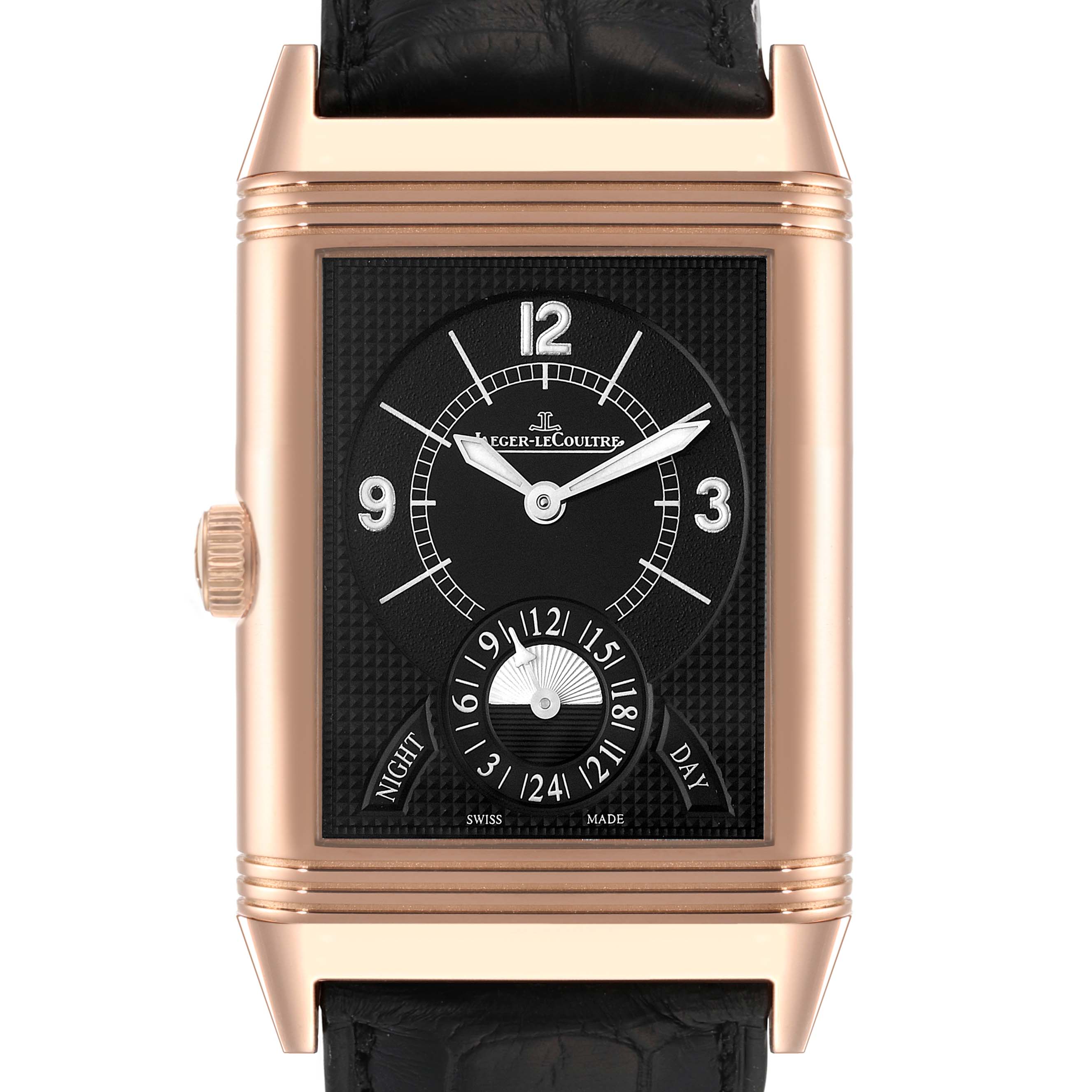 The image shows a front view of the Jaeger-LeCoultre Reverso watch, highlighting the rectangular face, dial, and leather strap.