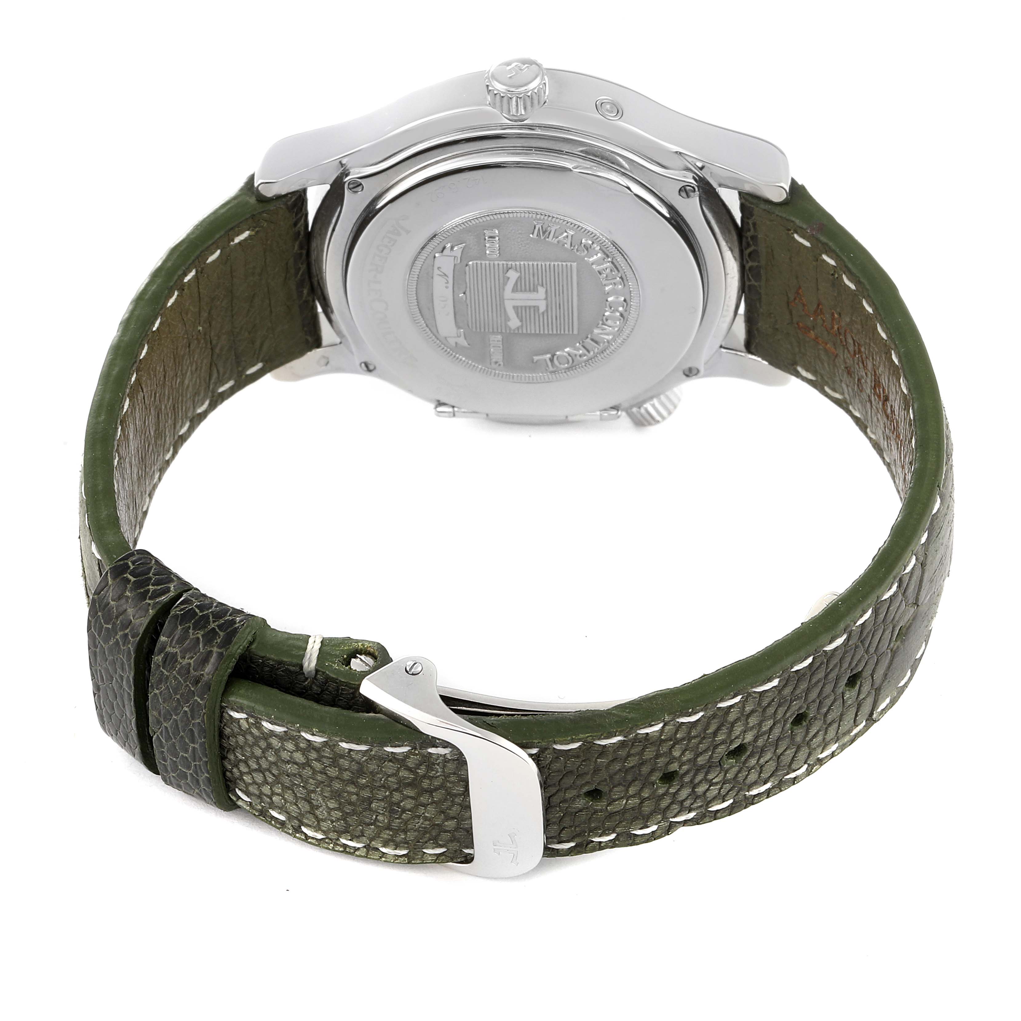 The image shows the back view of a Jaeger-LeCoultre Master model watch with a green textured leather strap and a stainless steel buckle.