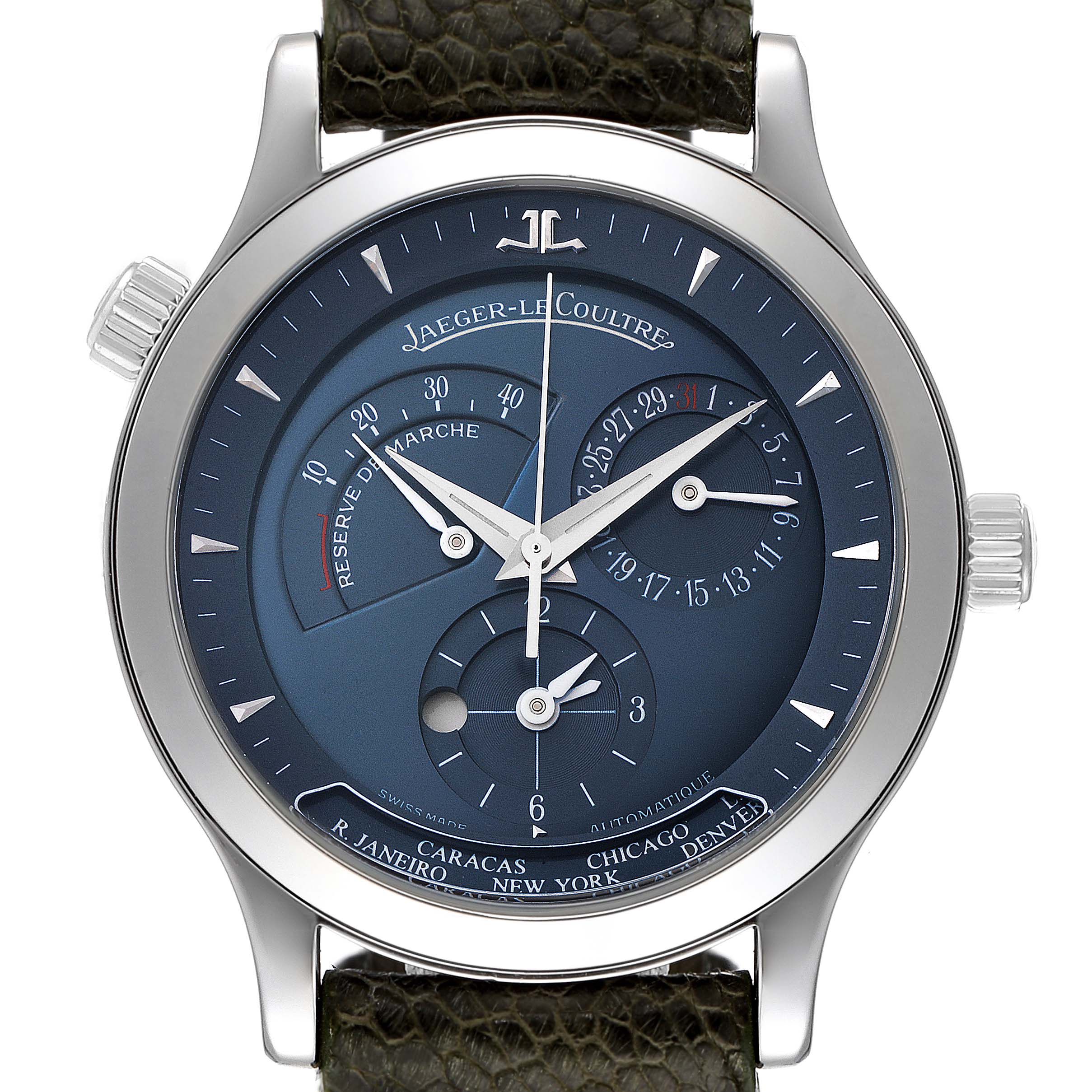 This is a front view of the Jaeger LeCoultre Master 142.640.926B Men's Platinum Blue Dial 142.640.926B Men's Platinum Blue Dial model watch showcasing the dial, hands, and strap.