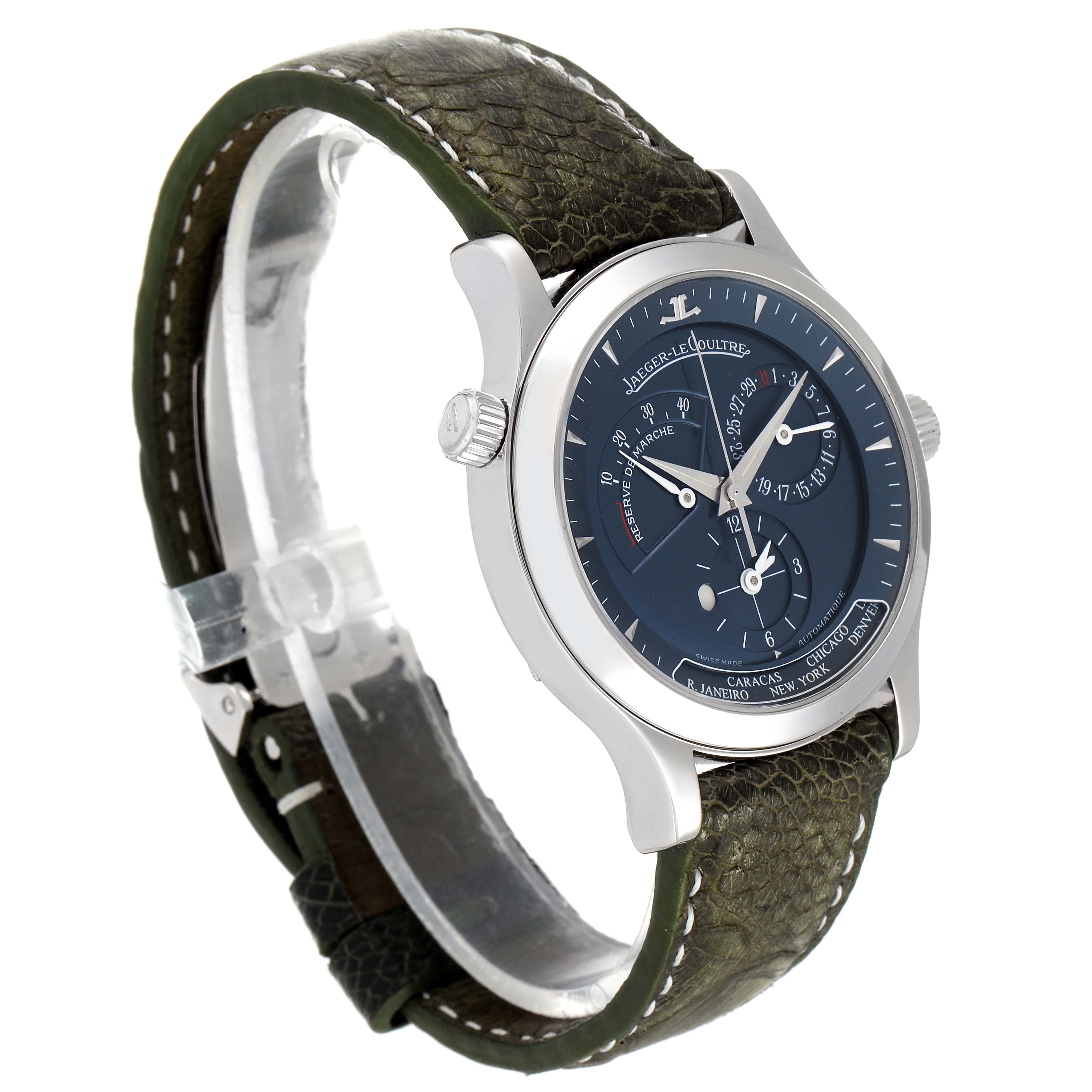 The Jaeger-LeCoultre Master watch is shown at a three-quarter angle, displaying the face, case, crown, and part of the green strap.