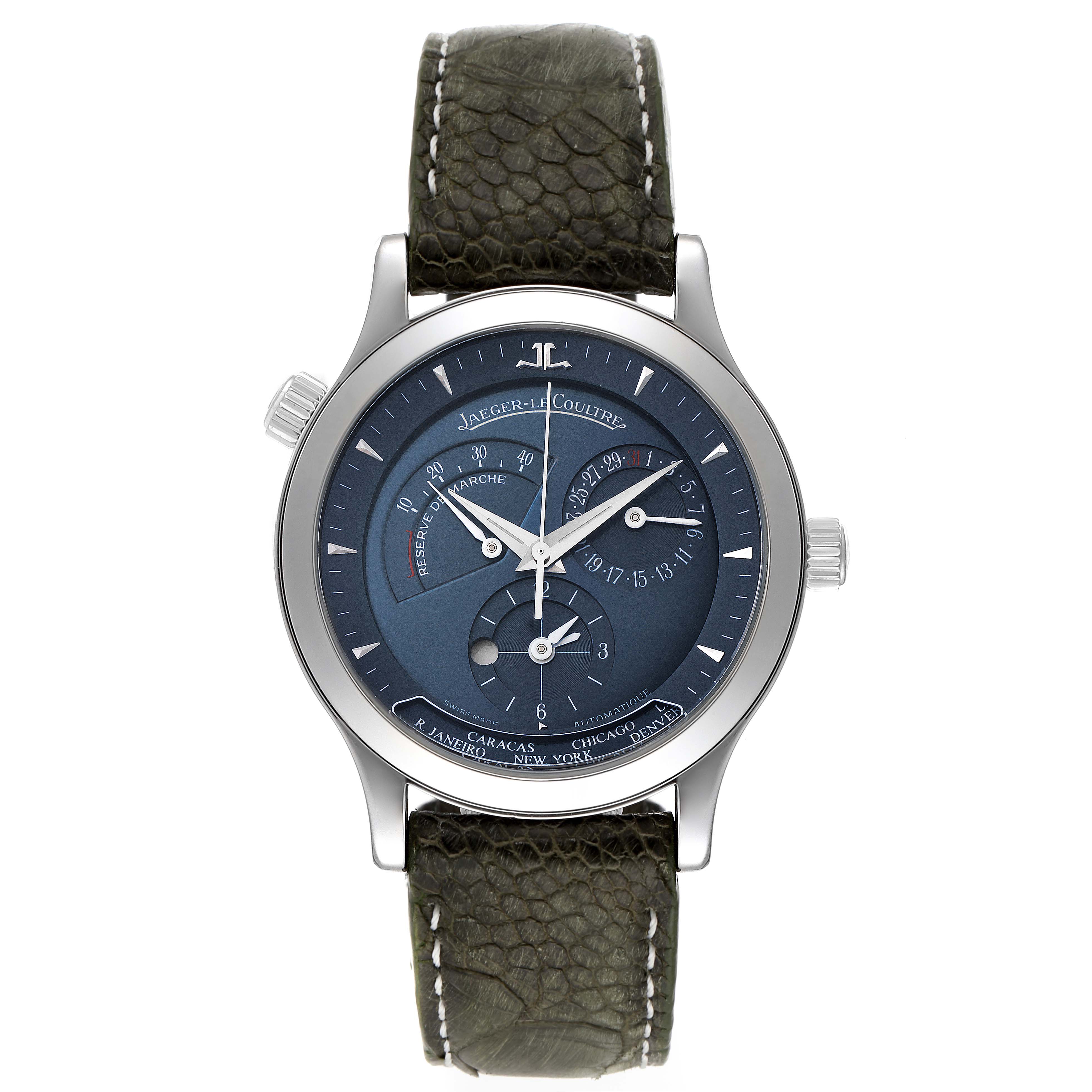 The image shows a front view of the Jaeger-LeCoultre Master model watch, highlighting its dial, hands, and leather strap.