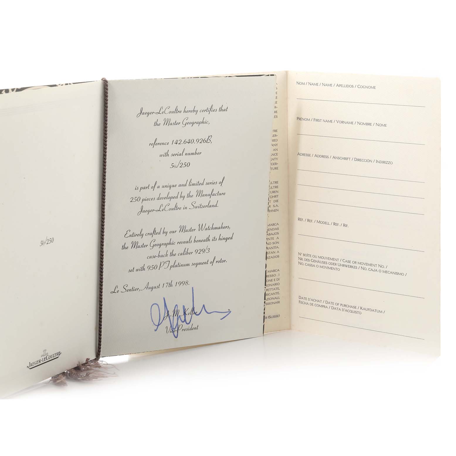 The image shows certification and documentation for a Jaeger LeCoultre Master 142.640.926B Men's Platinum Blue Dial 142.640.926B Men's Platinum Blue Dial model watch.