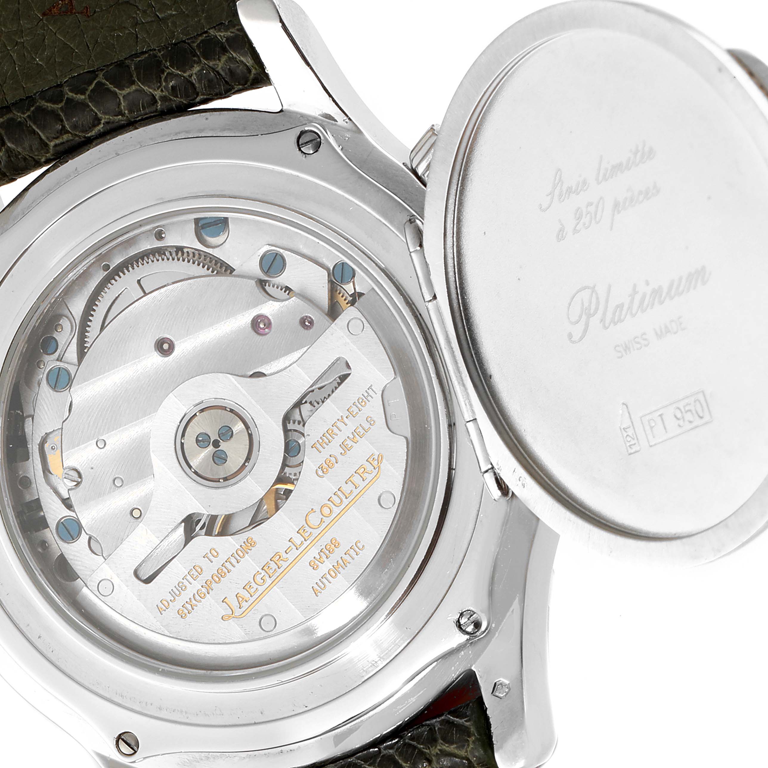 The image shows the back view of a Jaeger-LeCoultre Master model watch, including its automatic movement and open case back.