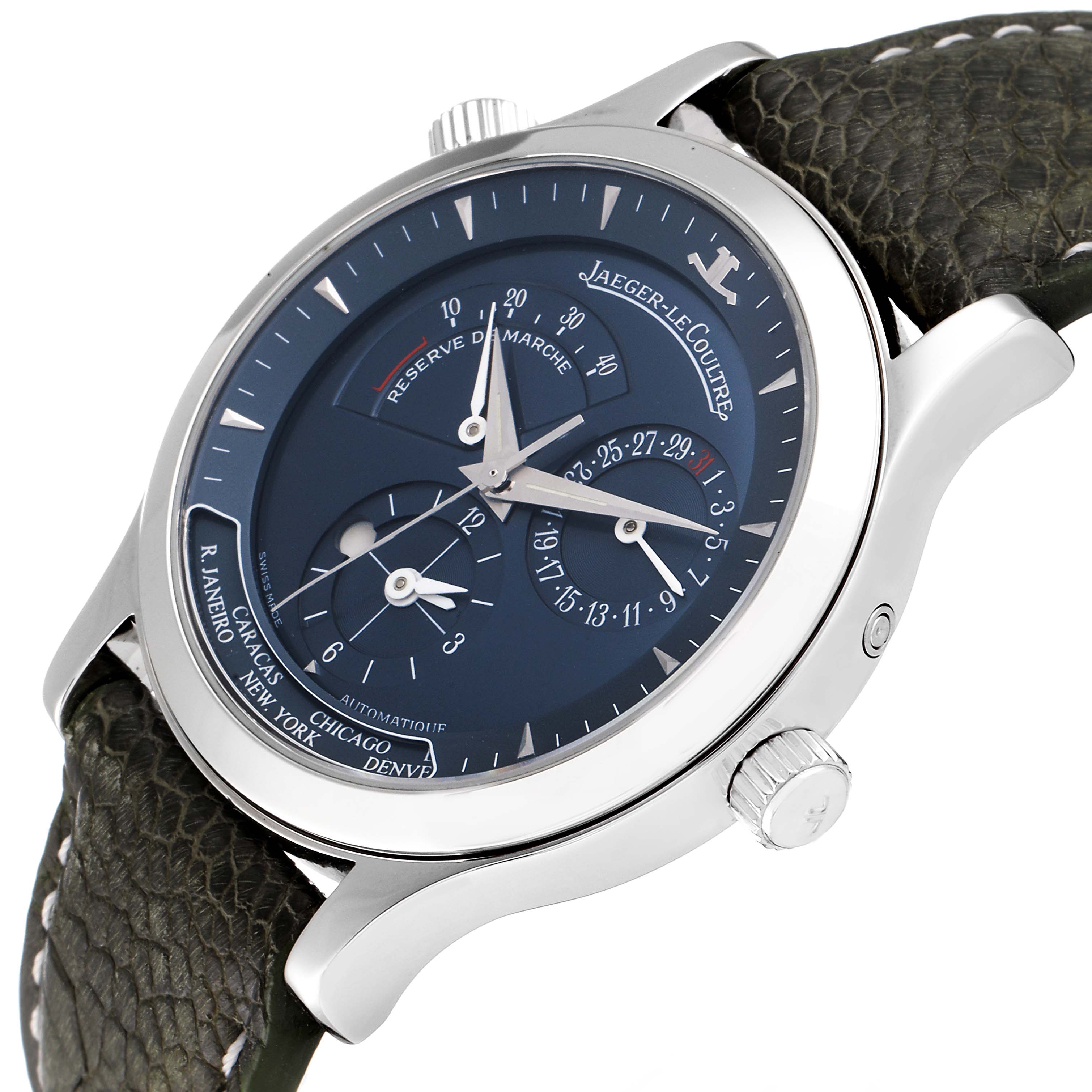 The Jaeger-LeCoultre Master watch is shown at an oblique angle, highlighting its dial, subdials, and crown.