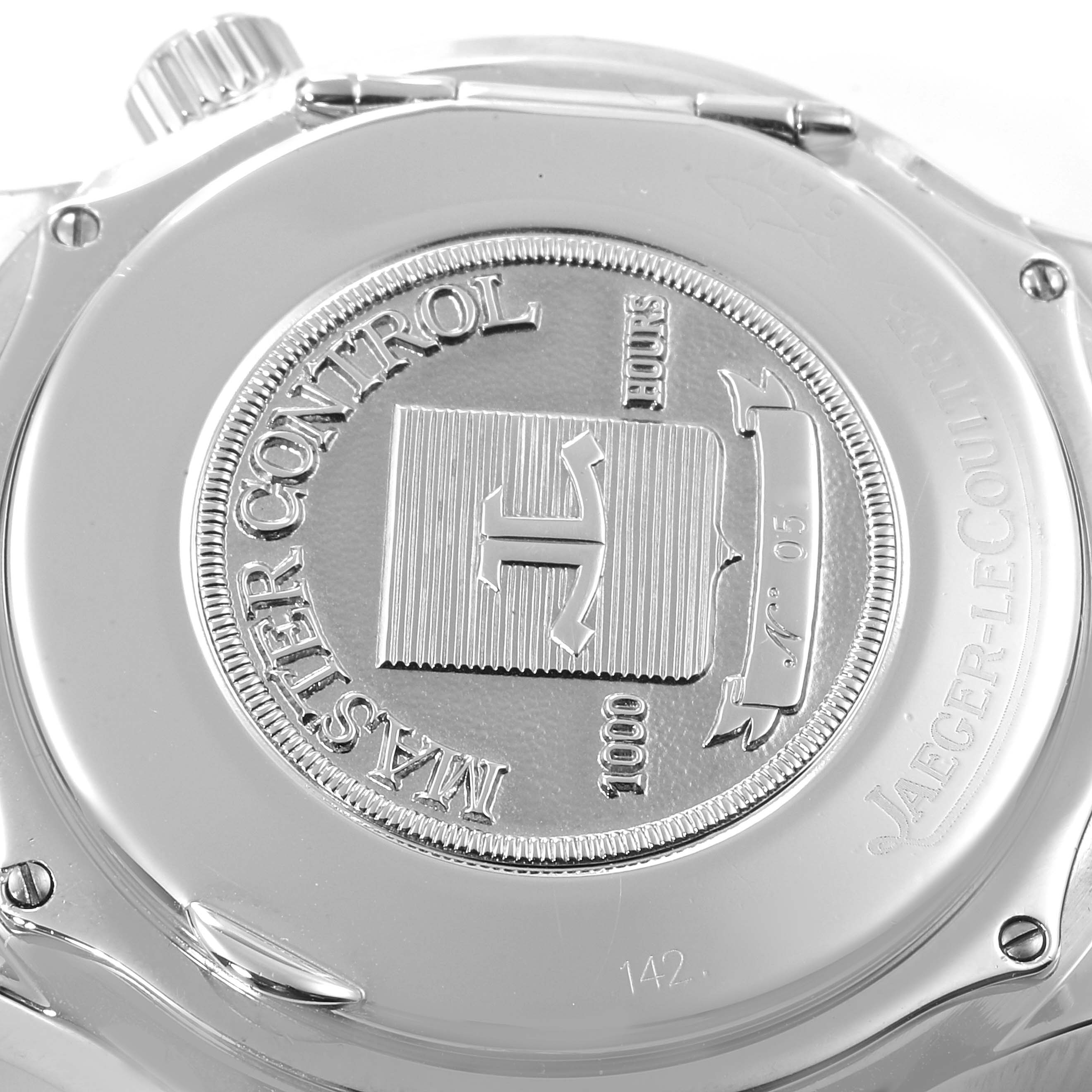 This image shows the case back of a Jaeger-LeCoultre Master Control watch, displaying the brand's engraving and hallmark.
