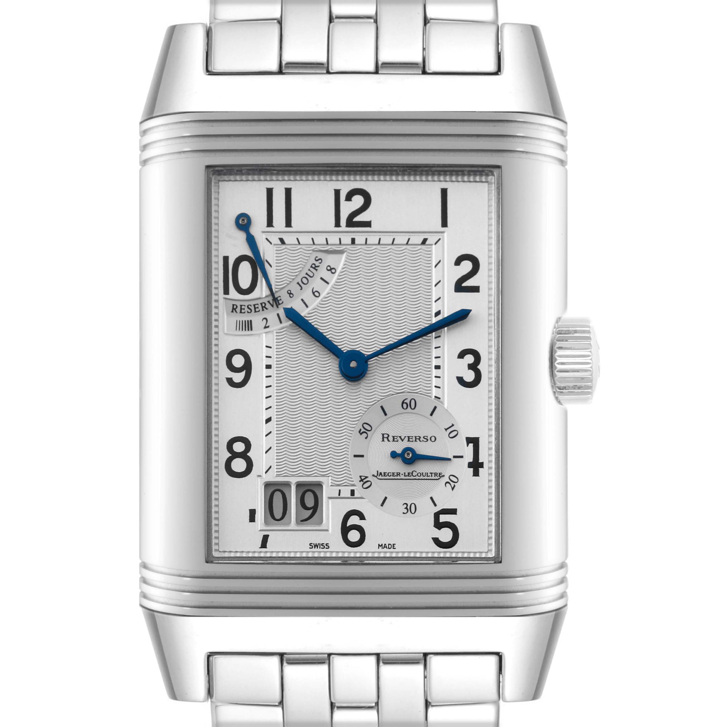 The image shows a frontal view of a Jaeger LeCoultre Reverso Q3008120 Men
s Stainless Steel Silver Dial Q3008120 Men
s Stainless Steel Silver Dial watch, showcasing its face, dial, and bracelet.