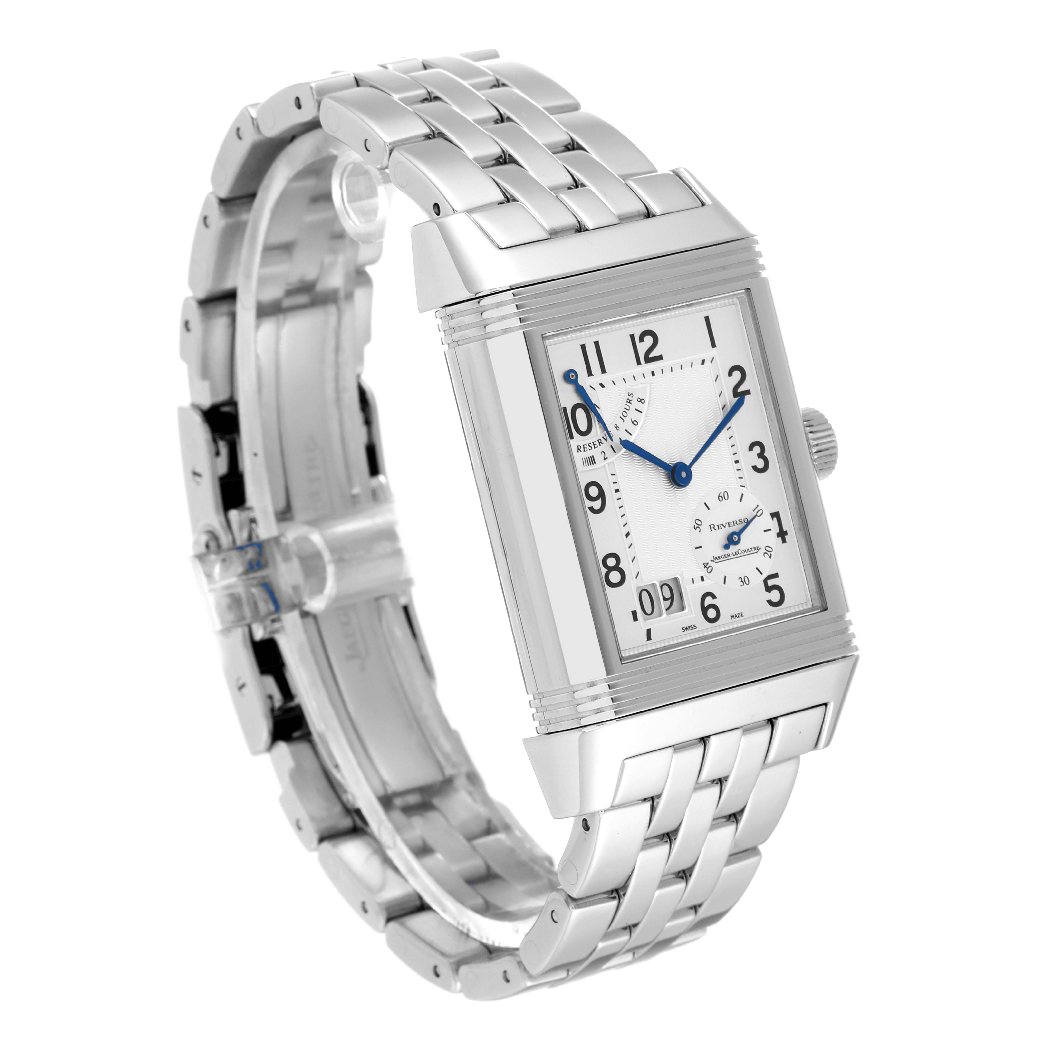 The image shows a Jaeger LeCoultre Reverso Q3008120 Men
s Stainless Steel Silver Dial Q3008120 Men
s Stainless Steel Silver Dial watch at a three-quarter angle, highlighting its rectangular face and metal bracelet.