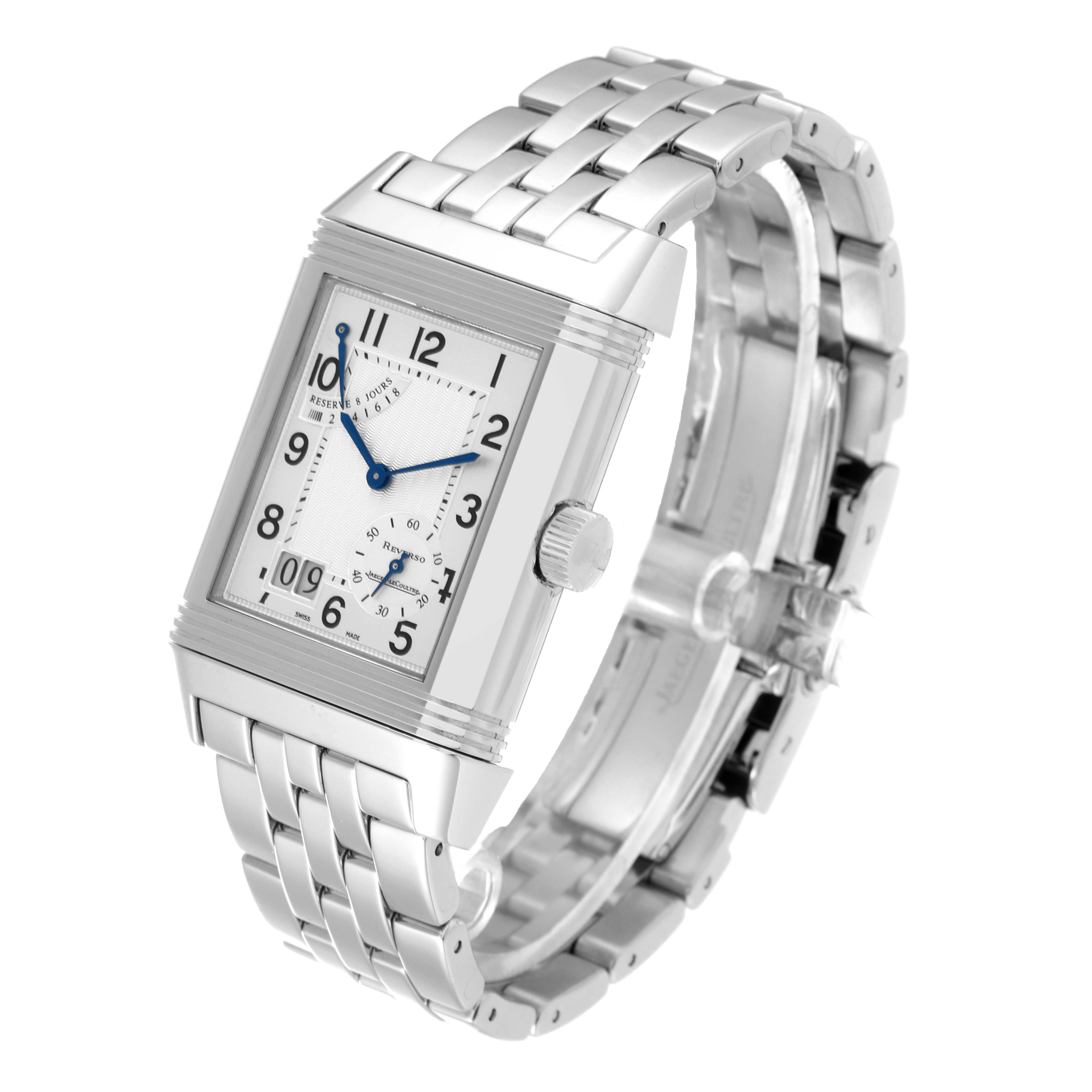 This image shows a front-right angle of the Jaeger LeCoultre Reverso Q3008120 Men
s Stainless Steel Silver Dial Q3008120 Men
s Stainless Steel Silver Dial watch, highlighting the dial and metal bracelet.