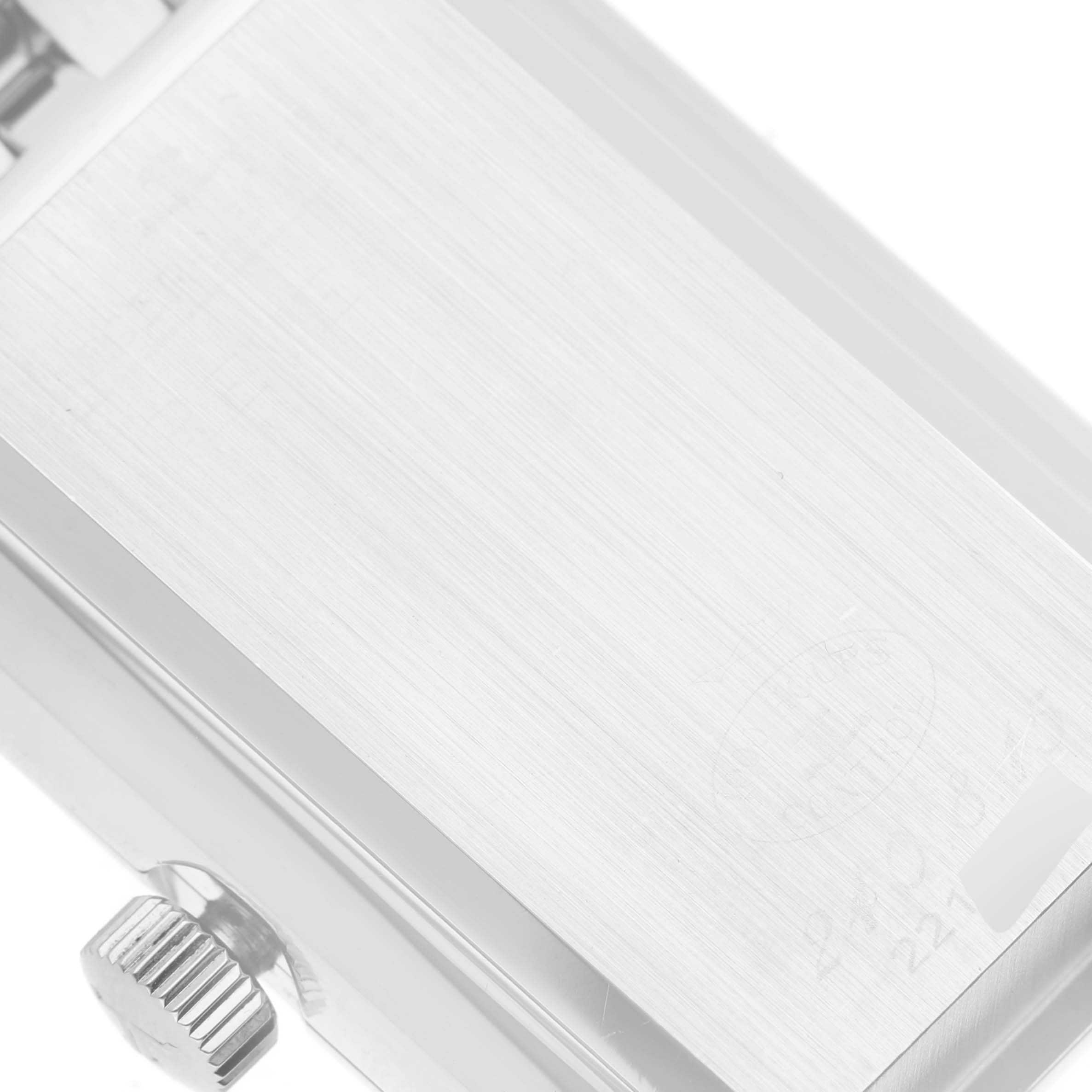 This is a close-up image of the side and back panel of the Jaeger LeCoultre Reverso Q3008120 Men
s Stainless Steel Silver Dial Q3008120 Men
s Stainless Steel Silver Dial watch, focusing on the crown and case back.