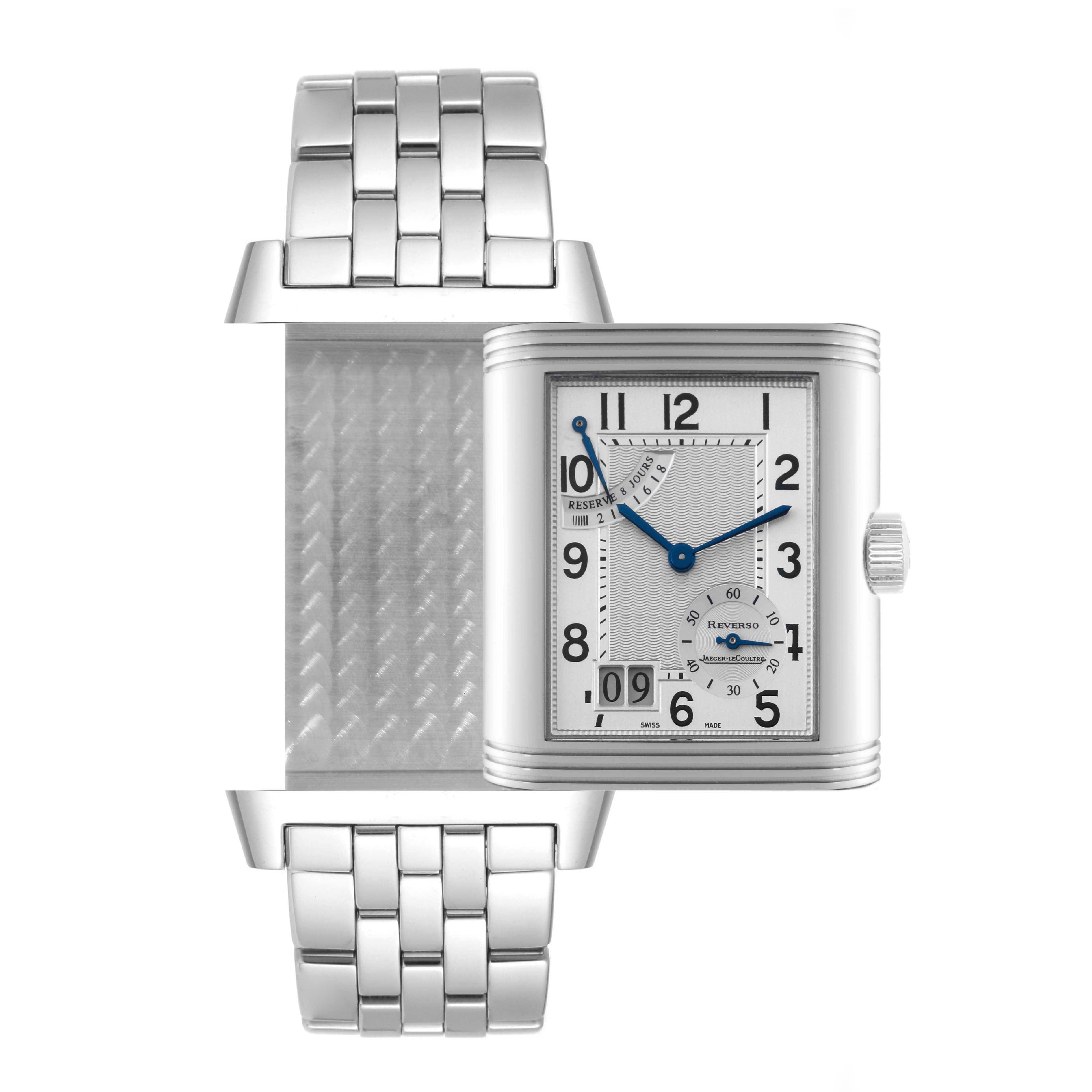 The image shows a Jaeger-LeCoultre Reverso watch with its reversible case positioned open, displaying the face and part of the bracelet.