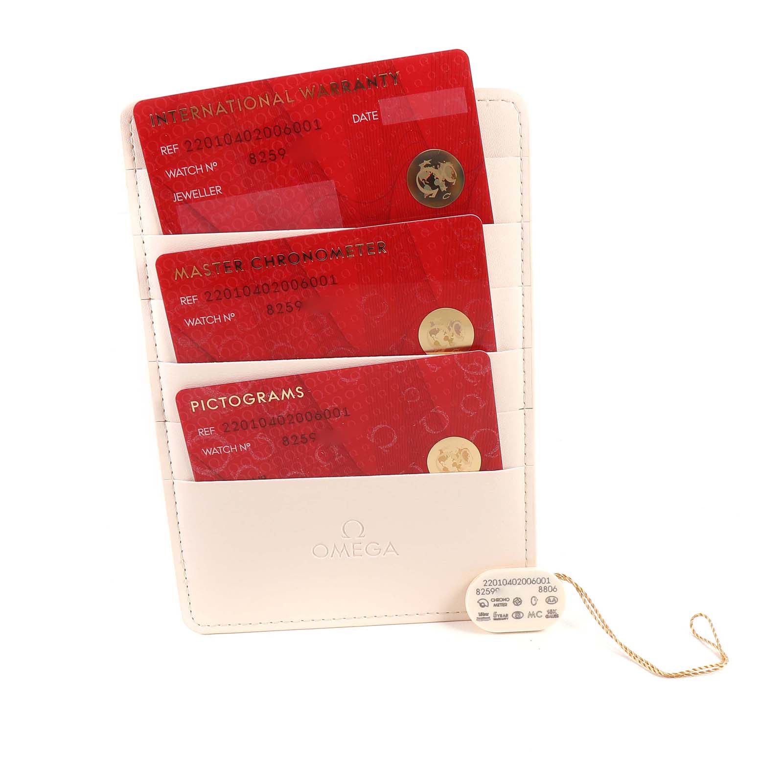 The image shows three warranty cards and an Best Quality
ation tag for the Omega Seamaster 220.10.40.20.06.001 Men
s Stainless Steel Grey Dial 220.10.40.20.06.001 Men
s Stainless Steel Grey Dial model.