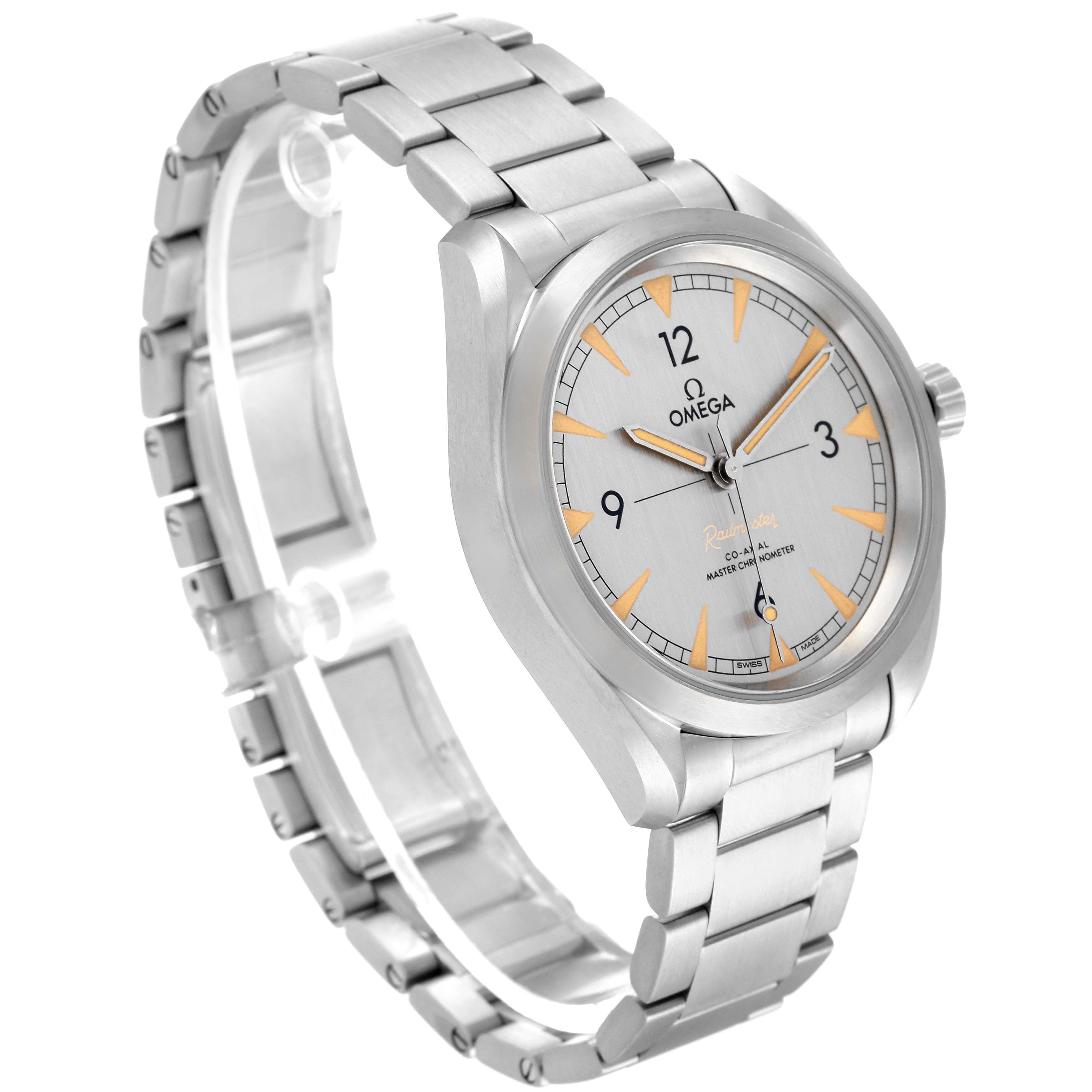 The image shows a side-angle view of an Omega Seamaster 220.10.40.20.06.001 Men
s Stainless Steel Grey Dial 220.10.40.20.06.001 Men
s Stainless Steel Grey Dial watch, highlighting its face, bezel, crown, and metal bracelet.