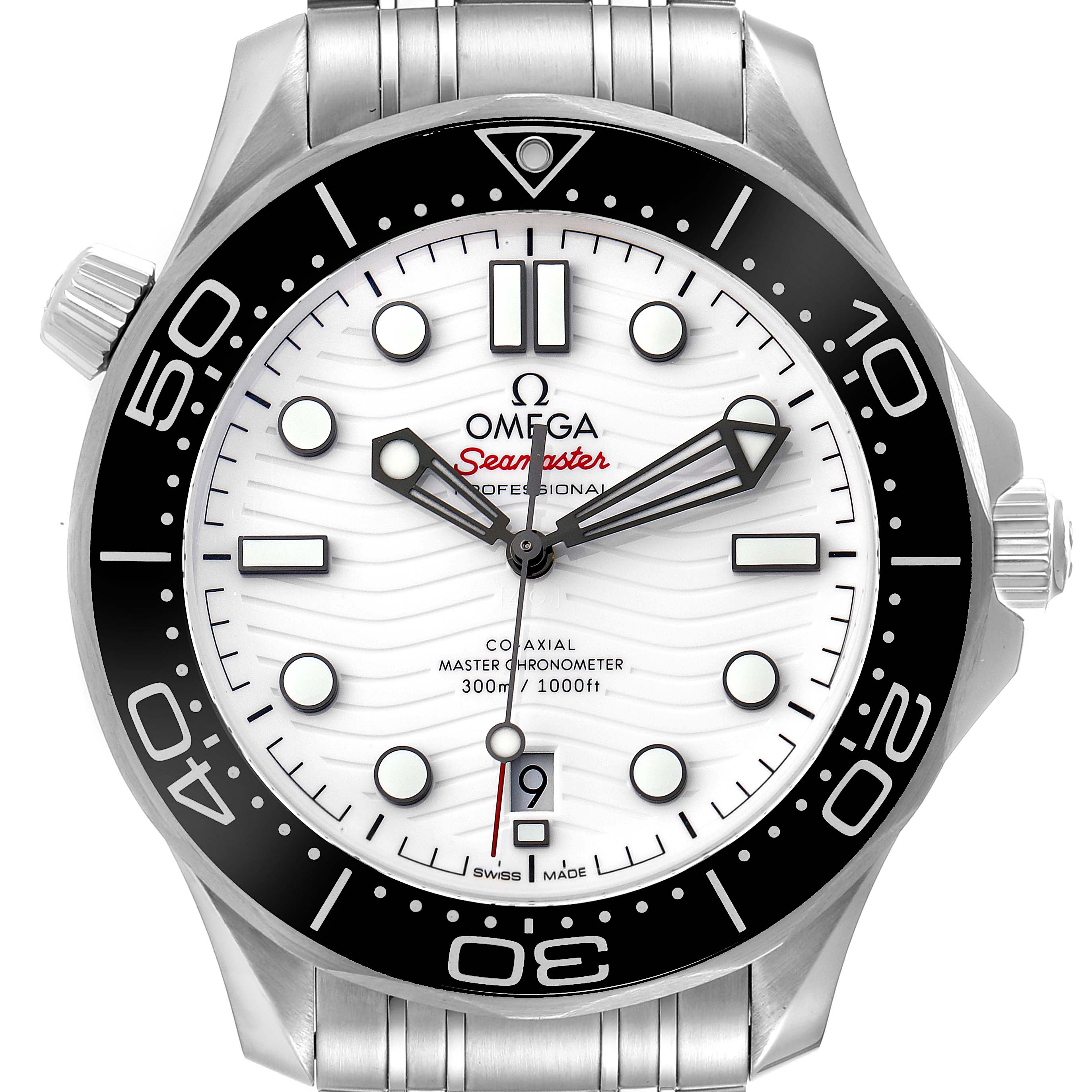 The Omega Seamaster 210.30.42.20.04.001 Men
s Stainless Steel White Dial 210.30.42.20.04.001 Men
s Stainless Steel White Dial watch is shown from a frontal angle, highlighting its dial, bezel, and part of the bracelet band.