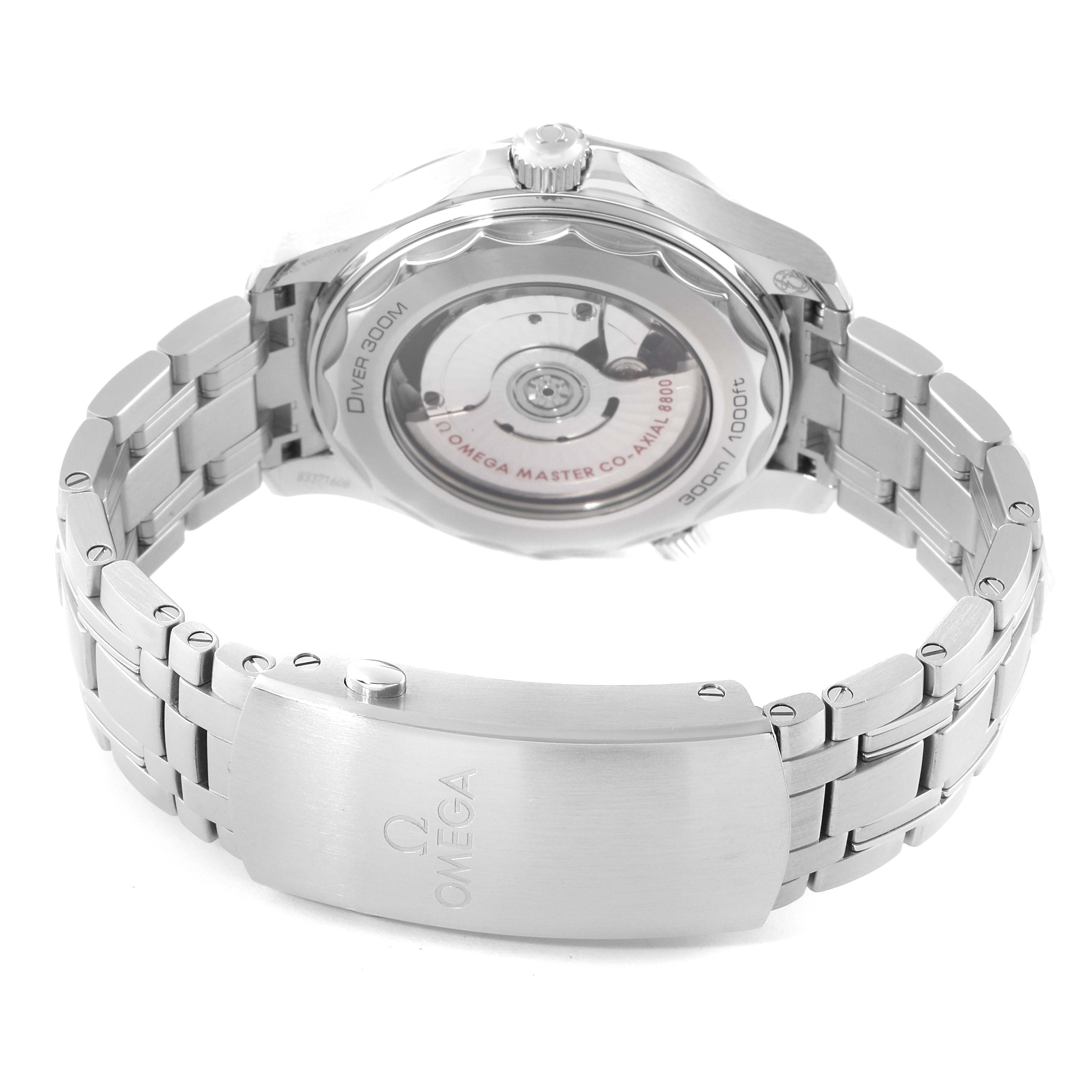 The image shows the back view of the Omega Seamaster 210.30.42.20.04.001 Men
s Stainless Steel White Dial 210.30.42.20.04.001 Men
s Stainless Steel White Dial watch, highlighting the transparent case back and metal bracelet with a clasp.