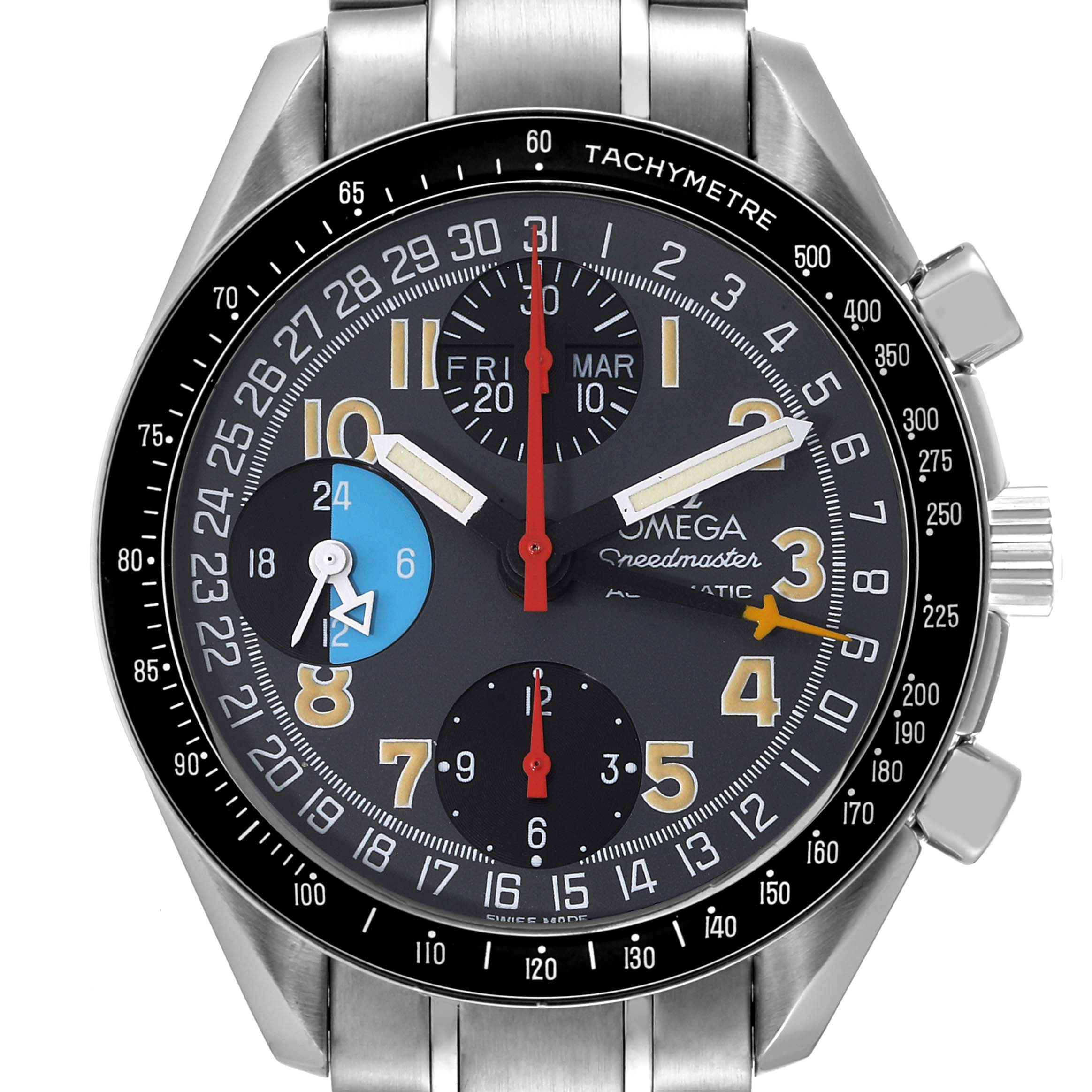 This image shows a close-up front view of the Omega Speedmaster 3520.53.00 Men's Stainless Steel Grey Dial 3520.53.00 Men's Stainless Steel Grey Dial watch, displaying the tachymeter bezel and sub-dials.