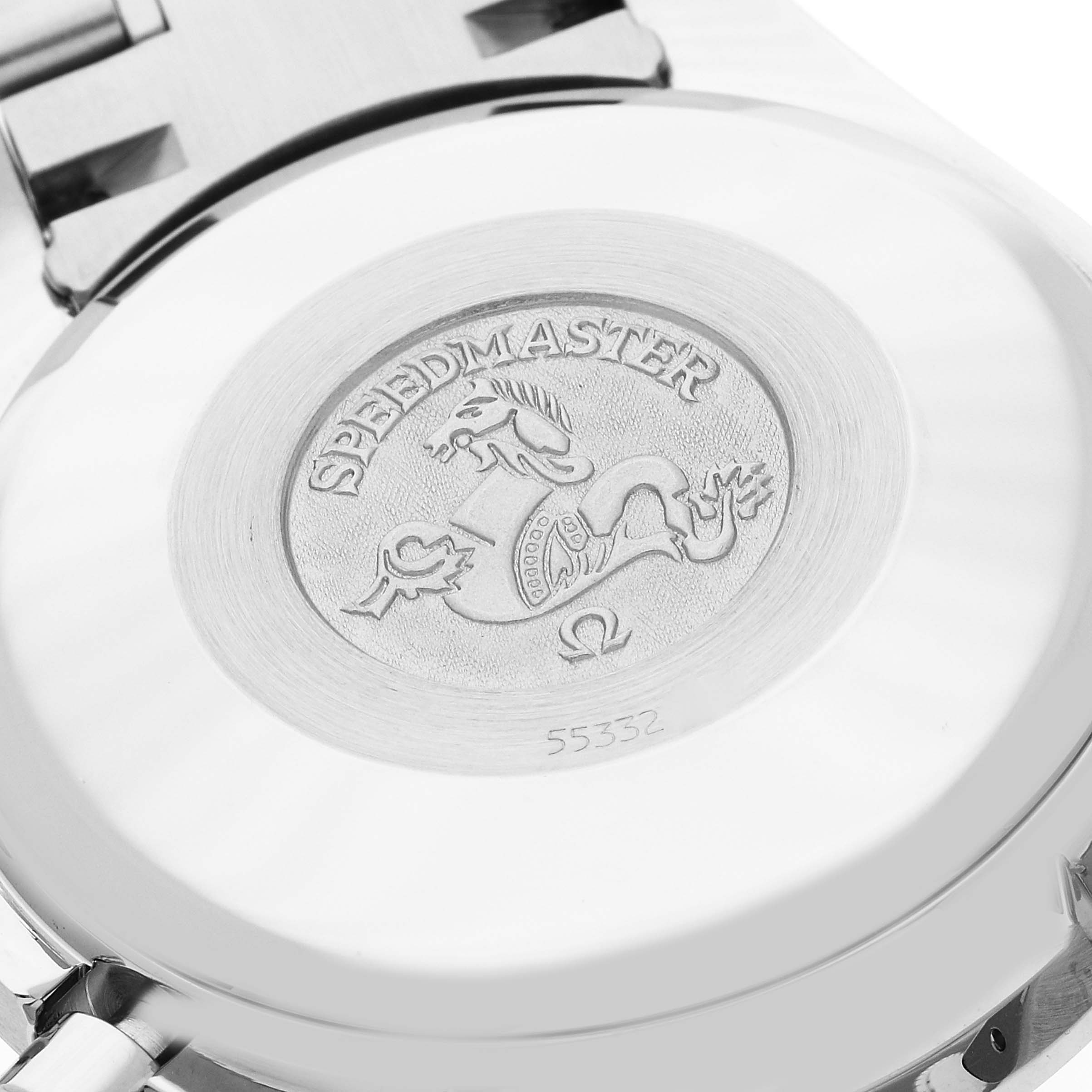 The image shows the case back of an Omega Speedmaster 3520.53.00 Men's Stainless Steel Grey Dial 3520.53.00 Men's Stainless Steel Grey Dial watch featuring the brand's emblem and model name in an engraved design.