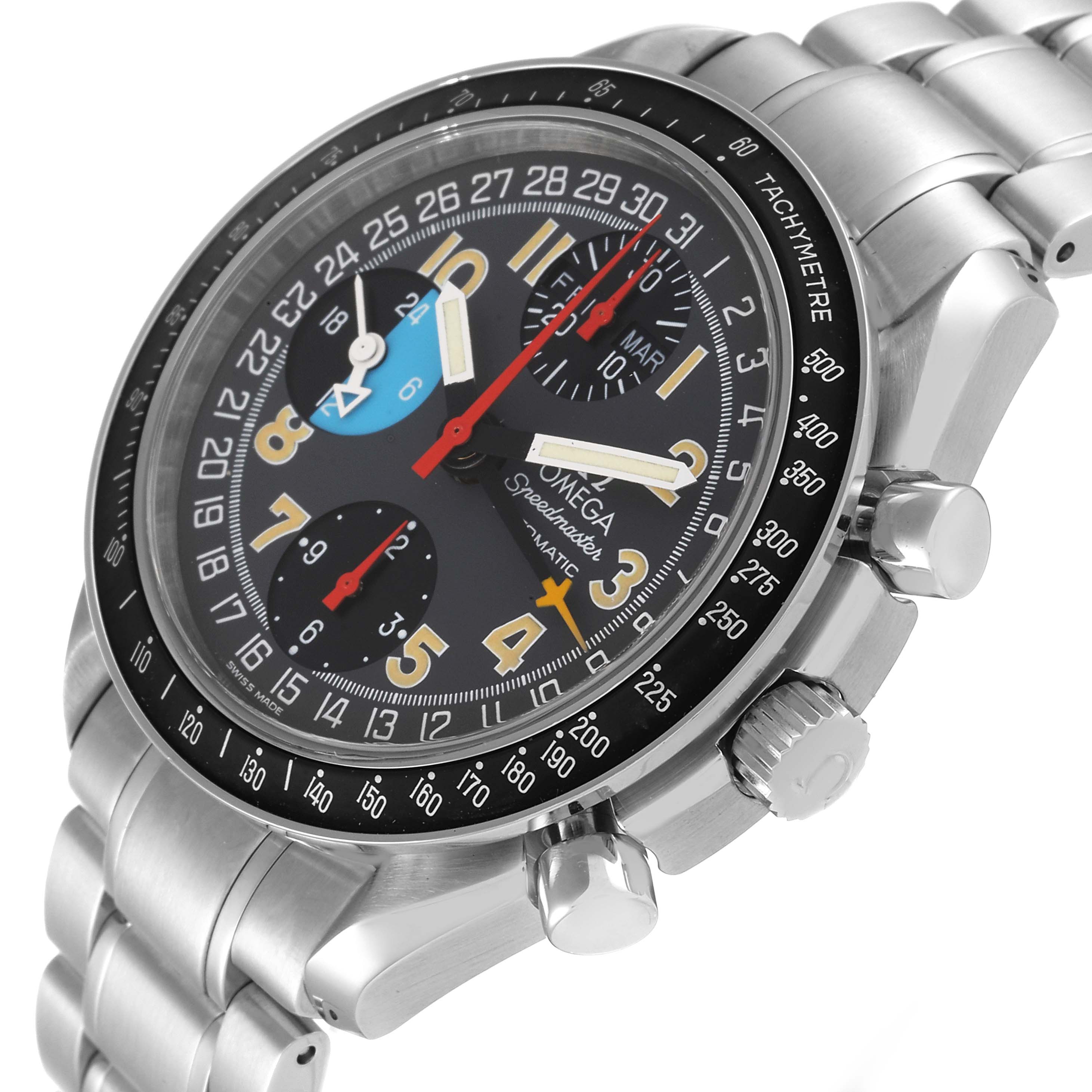 This Omega Speedmaster 3520.53.00 Men's Stainless Steel Grey Dial 3520.53.00 Men's Stainless Steel Grey Dial watch is shown at an oblique angle highlighting its face, bezel, and stainless steel bracelet.