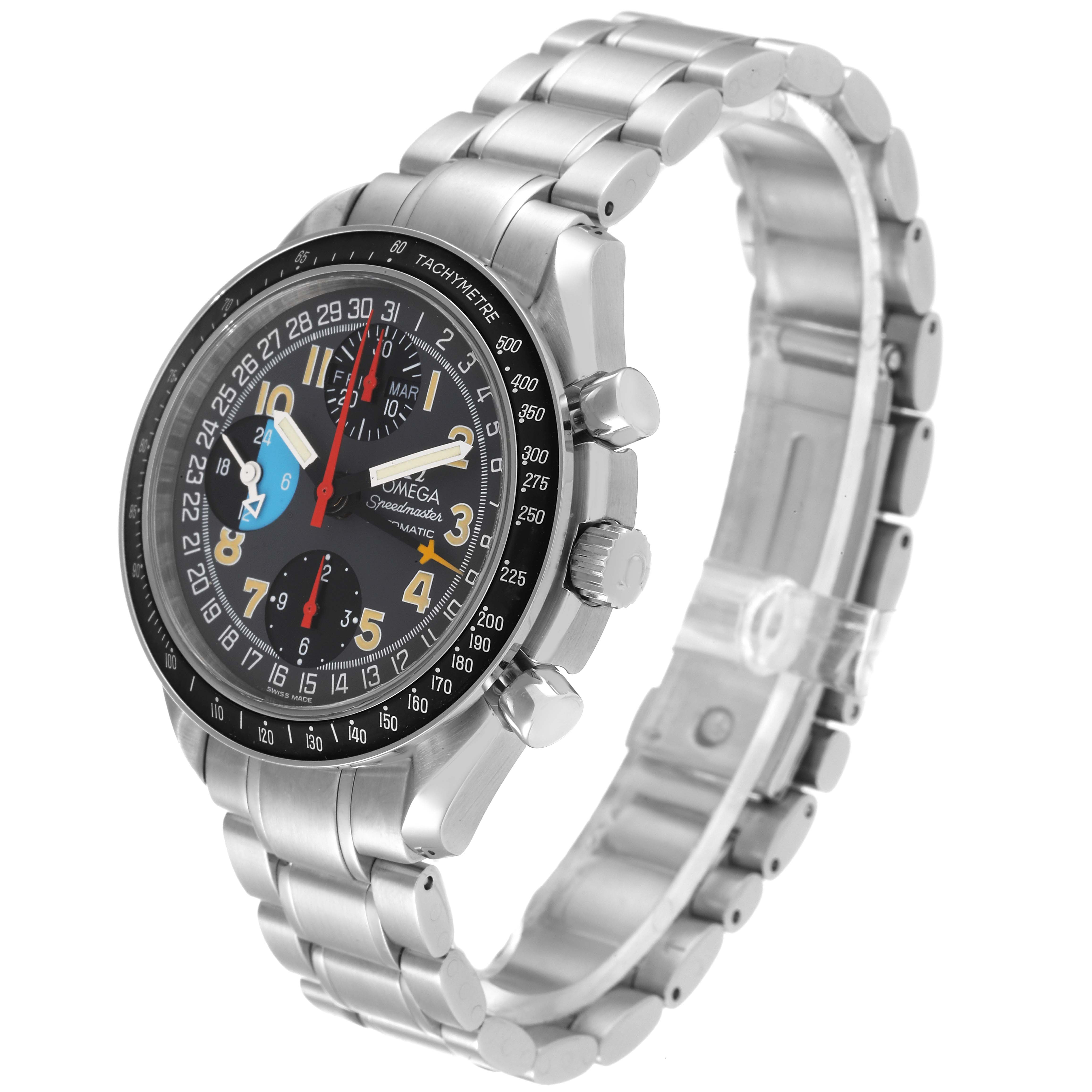 This image shows an Omega Speedmaster 3520.53.00 Men's Stainless Steel Grey Dial 3520.53.00 Men's Stainless Steel Grey Dial watch at a three-quarter angle, highlighting the dial, bezel, pushers, crown, and bracelet.