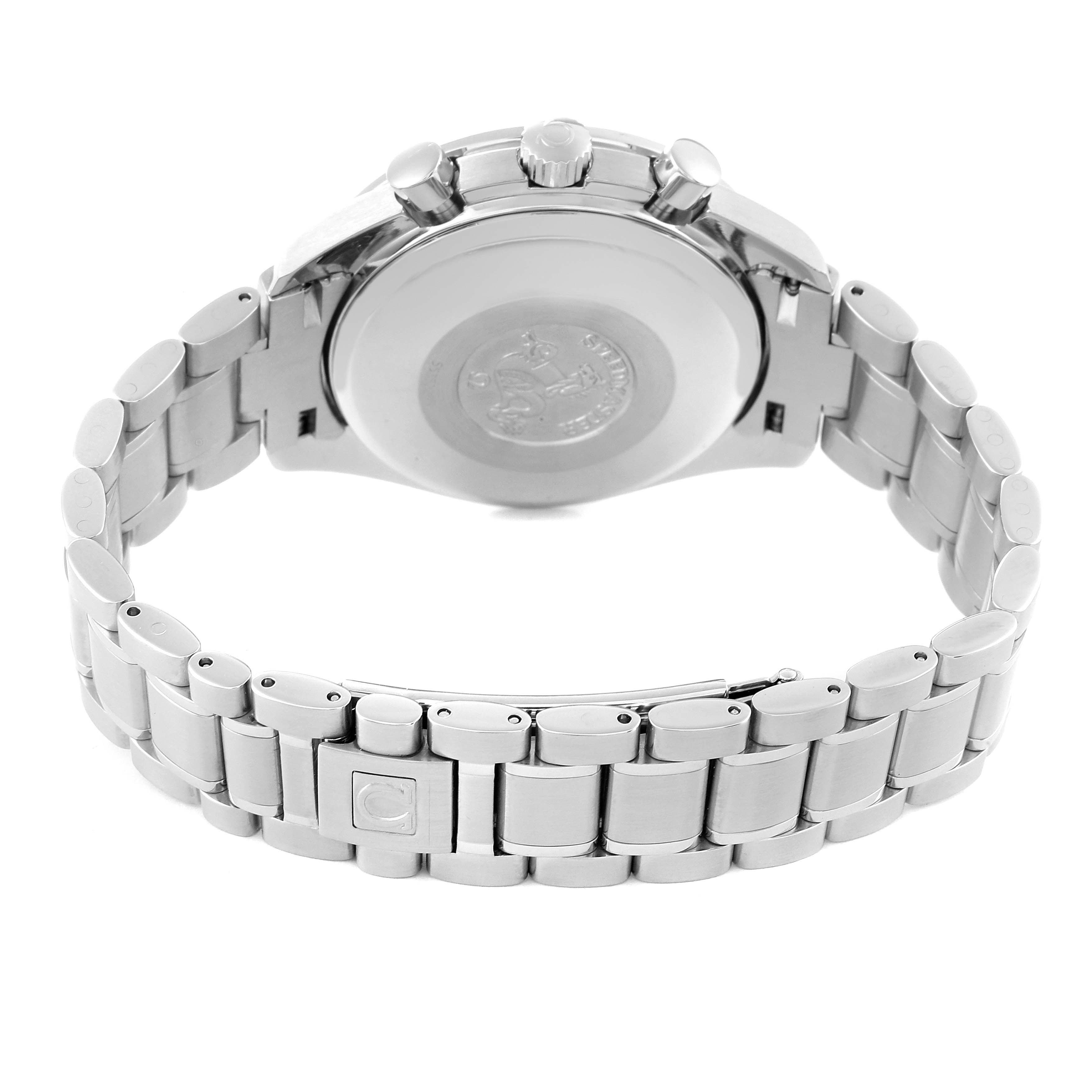 This image shows the back case and bracelet of an Omega Speedmaster 3520.53.00 Men's Stainless Steel Grey Dial 3520.53.00 Men's Stainless Steel Grey Dial watch from a rear angle.