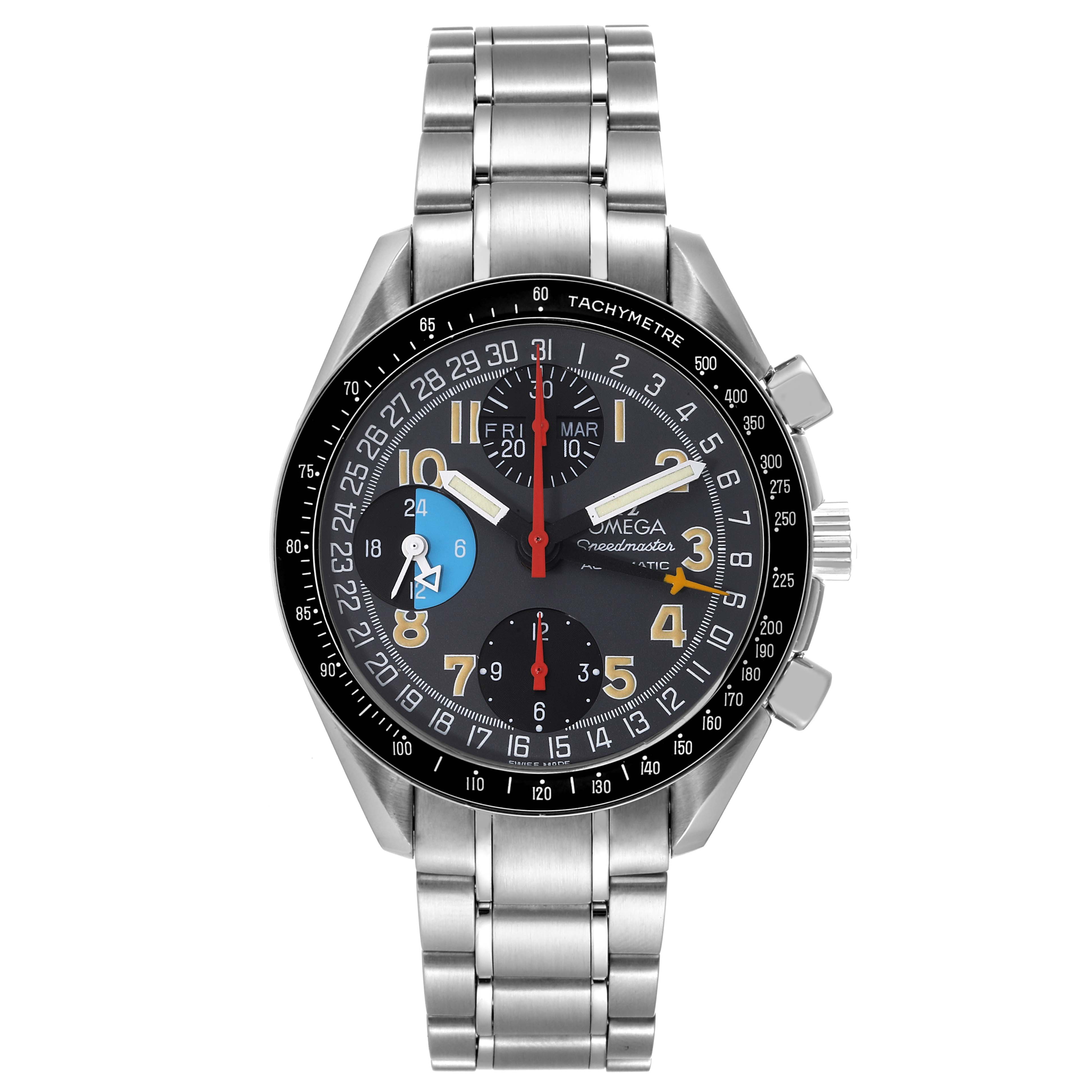 The image shows a front view of an Omega Speedmaster 3520.53.00 Men's Stainless Steel Grey Dial 3520.53.00 Men's Stainless Steel Grey Dial model watch with a stainless steel bracelet and multiple sub-dials.